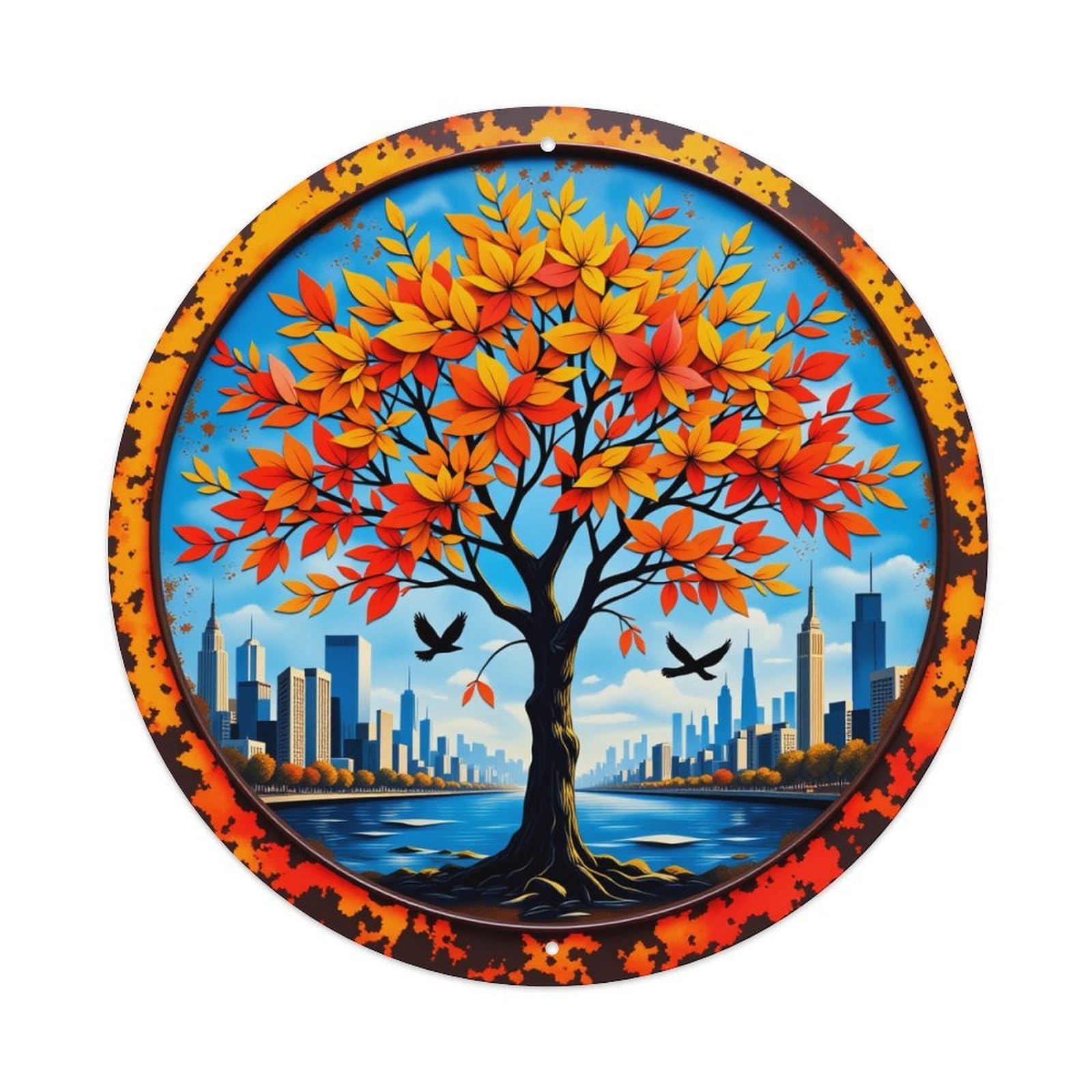 Autumn Tree City Skyline Birds Metal Tin Sign Plaque