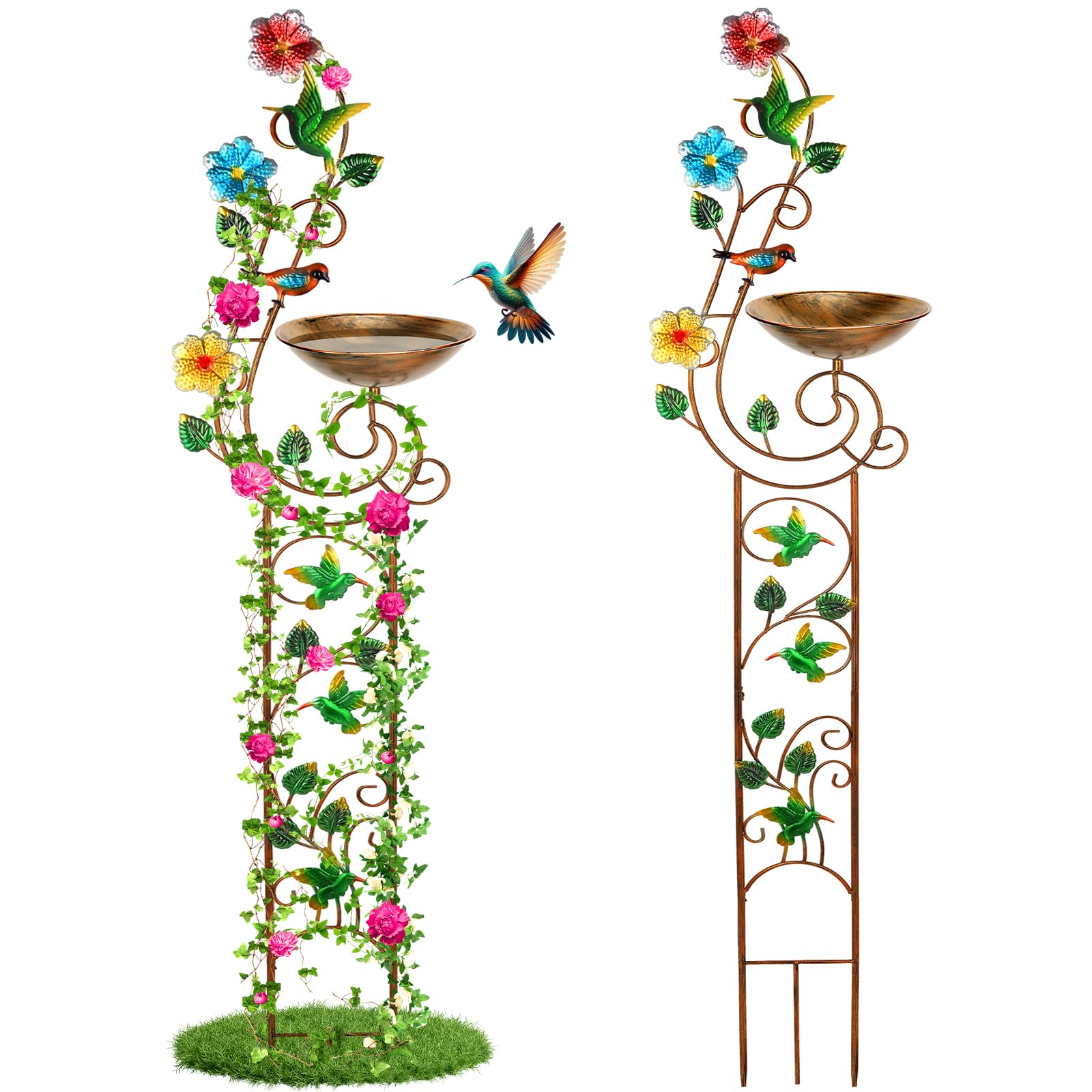 YADOOLIFE Kąpiel dla ptaków 145 cm z kratką ogrodową do roślin pnących na zewnątrz, mała dekoracyjna metalowa łaźnia dla ptaków, koliber (Hummingbird)
