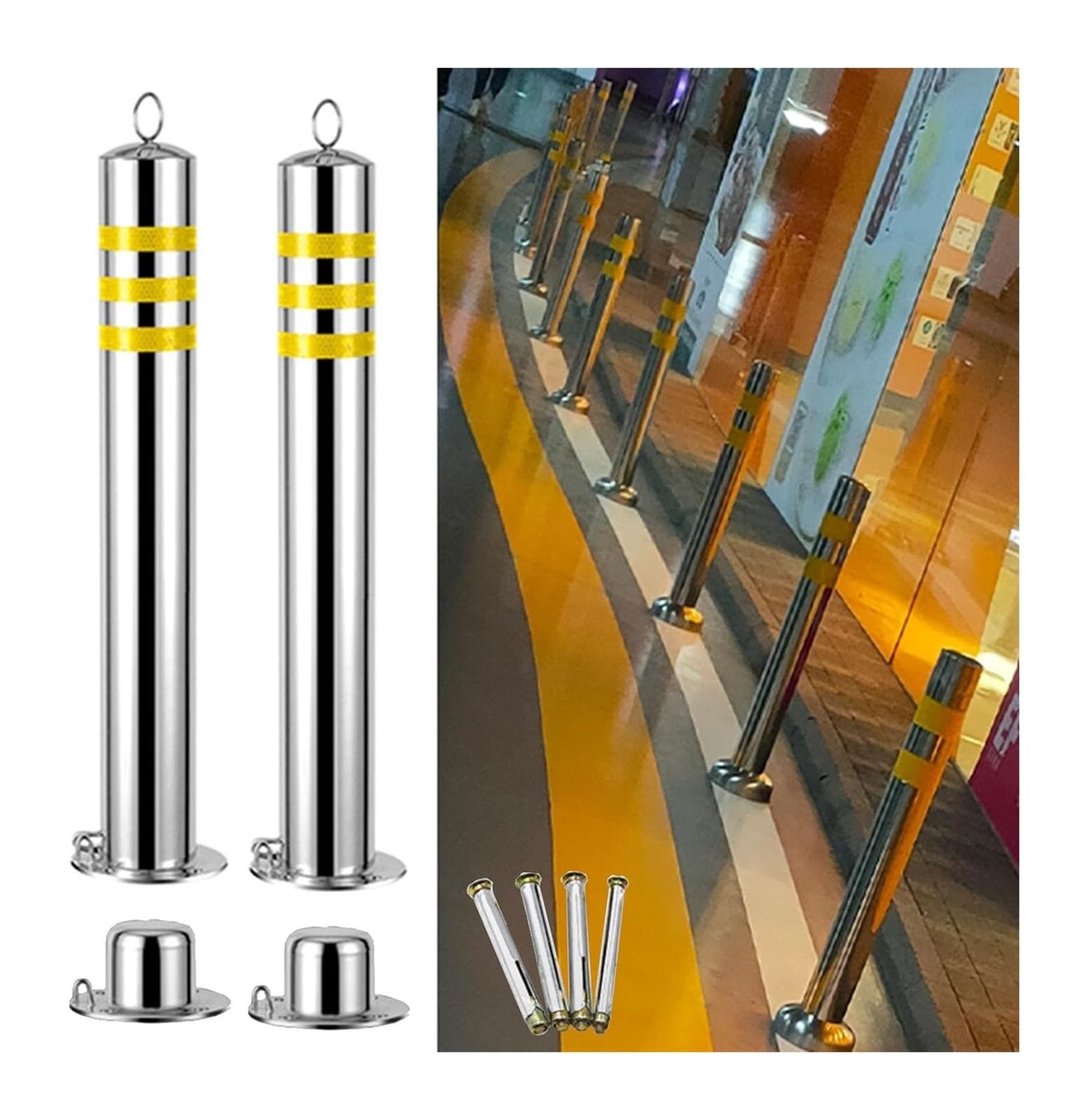 CWCQGH Safety Bollard Heavy Duty Stainless Steel Parking Barrier Post, Reflective Traffic Caution Cones With Screws (7.6 x 75cm (3 x 29 1/2in))