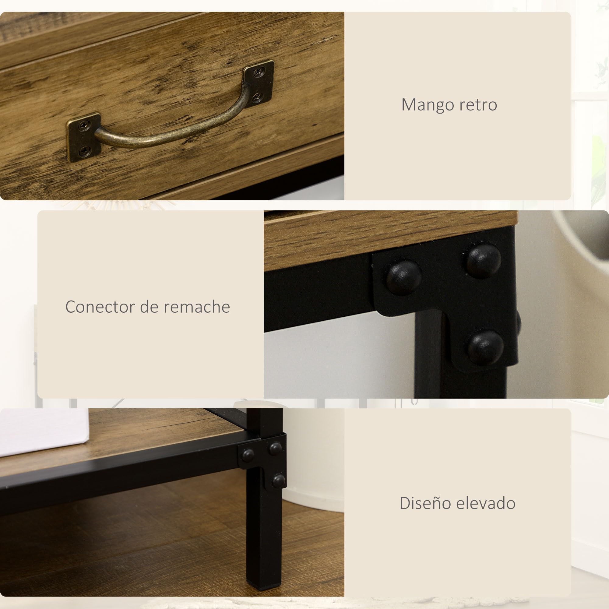 HOMCOM Mesa de Consola Industrial con 2 Cajones y Estante, Marrón y Negro | Mesa de Sofá, Consola Recibidor, Patas de Metal, para Salón, Pasillo, Entrada