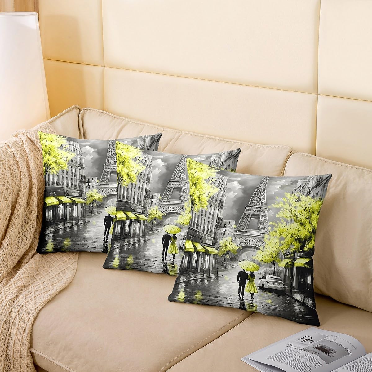 Erosebridal Eiffel Tower Throw Pillow Covers Pack of 2,Paris of France Pillow Covers,Romantic City Cushion Cases,Watercolor Oil Painting Paris Decorative Pillow Covers,Yellow Valentine,24x24 Inch