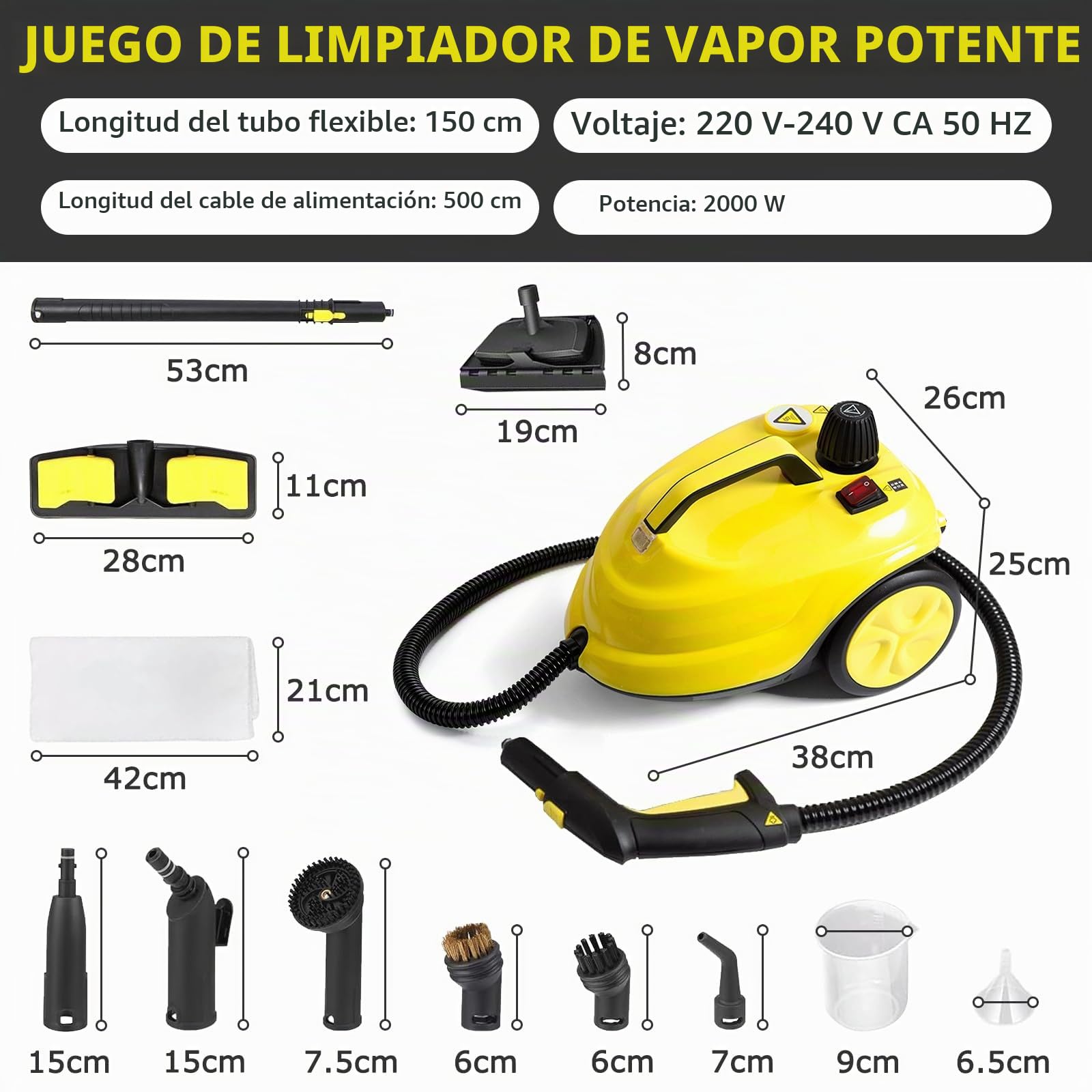 Limpiador a Vapor, Vaporeta Limpieza Hogar Potente de Mano 2000W | Portátil Máquina de Limpieza a Vapor Presurizada de Alta Temperatu con 15 Accesorios, 5 Bar, Tanque de Agua de 2L