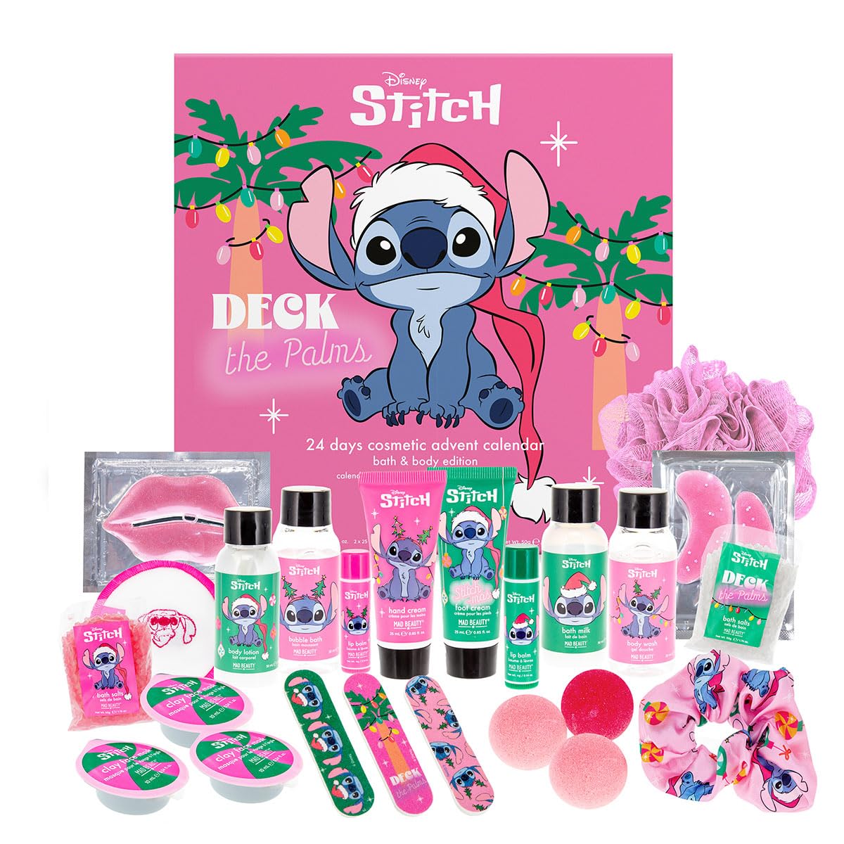 MAD Beauty – Disney STITCH Adventskalender mit 24 Kosmetik Produkten, Wellness Adventskalender für Frauen & Mädchen mit Gesichtsmaske, Bodylotion, Haargummi, Nagelfeile – Weihnachtskalender Beauty:Adventskalender STITCH in aufklappbarer Box