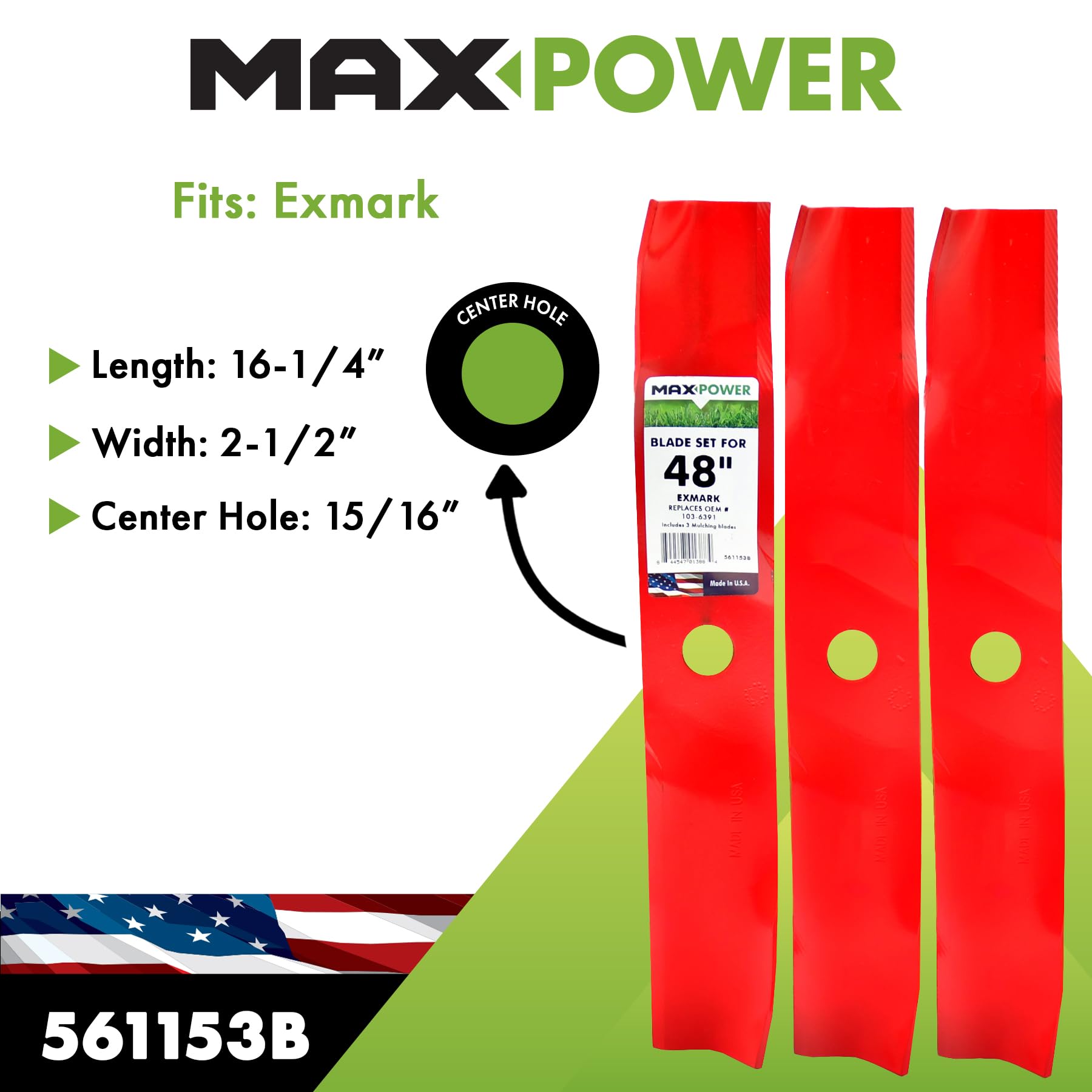MAXPOWER 561153 - Juego de Cuchillas para cortacésped Exmark de 121.9 cm, sustituye a OEM No. 103-6391 y 50-1936