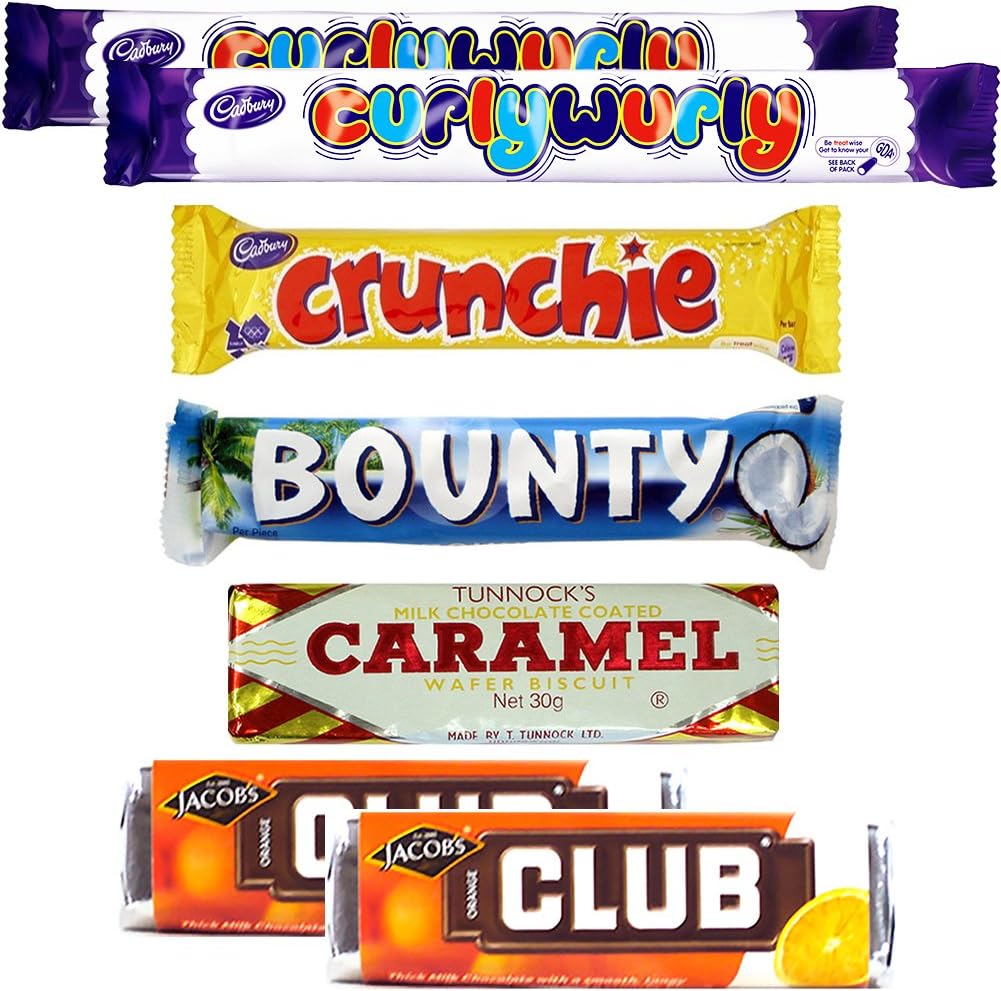 Pack F .. 7 British Chocolate Bars - Curly Wurly, Crunchy, Bounty, Caramel & 2 Orange Clubs