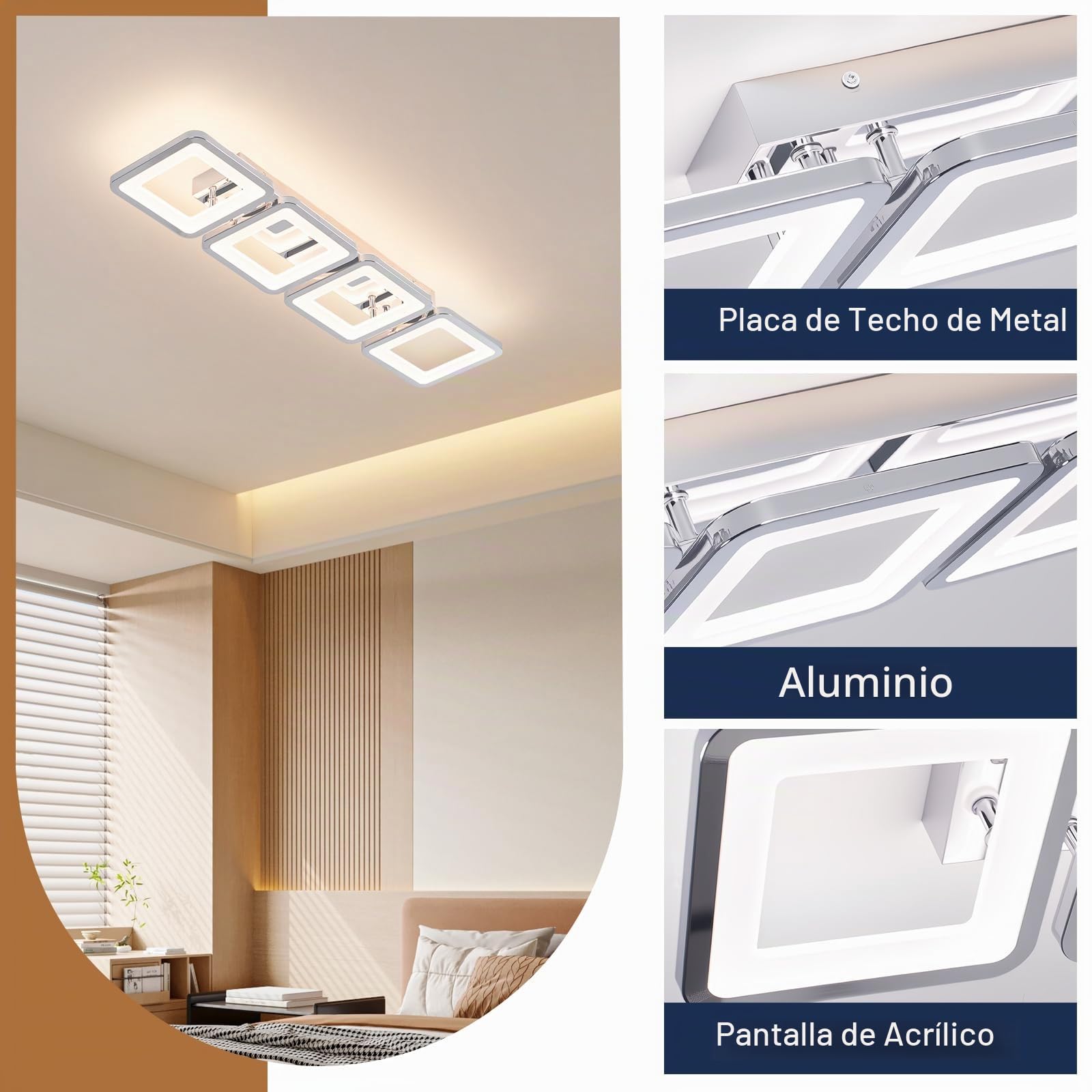 Lámpara de techo LED regulable (69 cm, con mando a distancia, 3000-6500 K, 4 cuadrados, plata, lámpara de techo para pasillo, comedor, dormitorio, oficina, cocina, salón