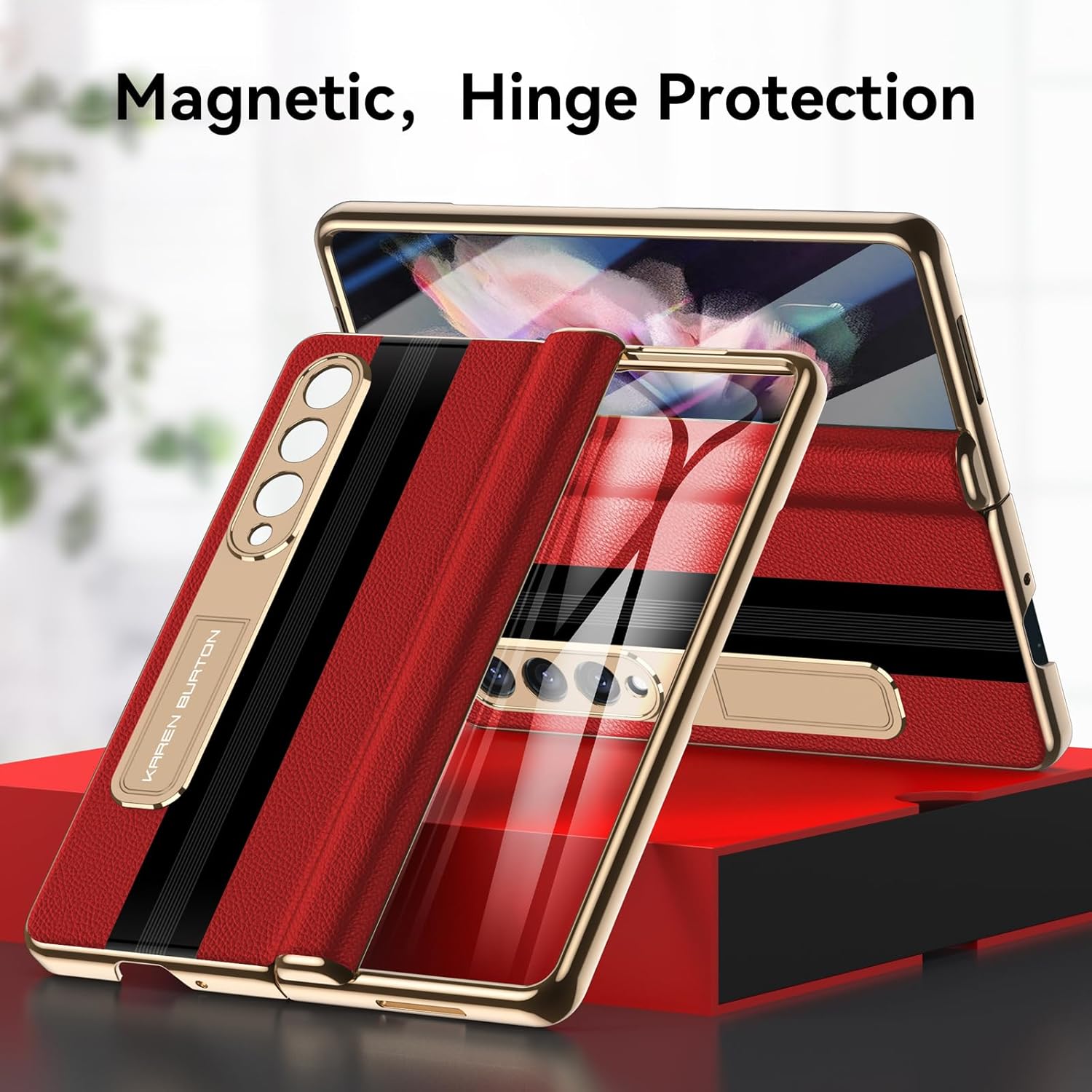 for Samsung Galaxy Z Fold 3 Phone Case,Luxury Genuine Leather,Full Body Hinge Protection,Built-in Screen Protector,Kickstand Drop Proof Protective Cover for Galaxy Z Fold3 (Red)