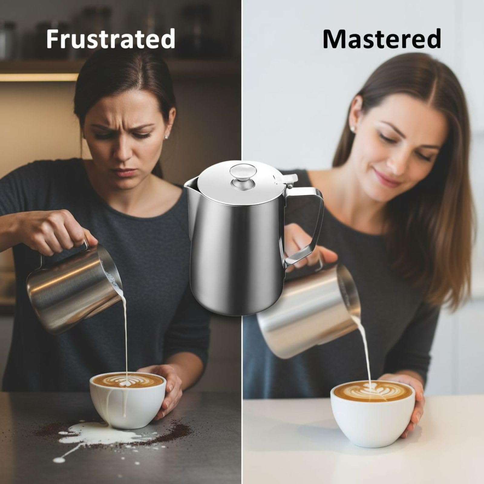 Dzbanek do spieniania mleka ze stali nierdzewnej 2000 ml z pokrywką, dzbanek do latte art, metalowy kubek pomiarowy z uchwytem do cappuccino
