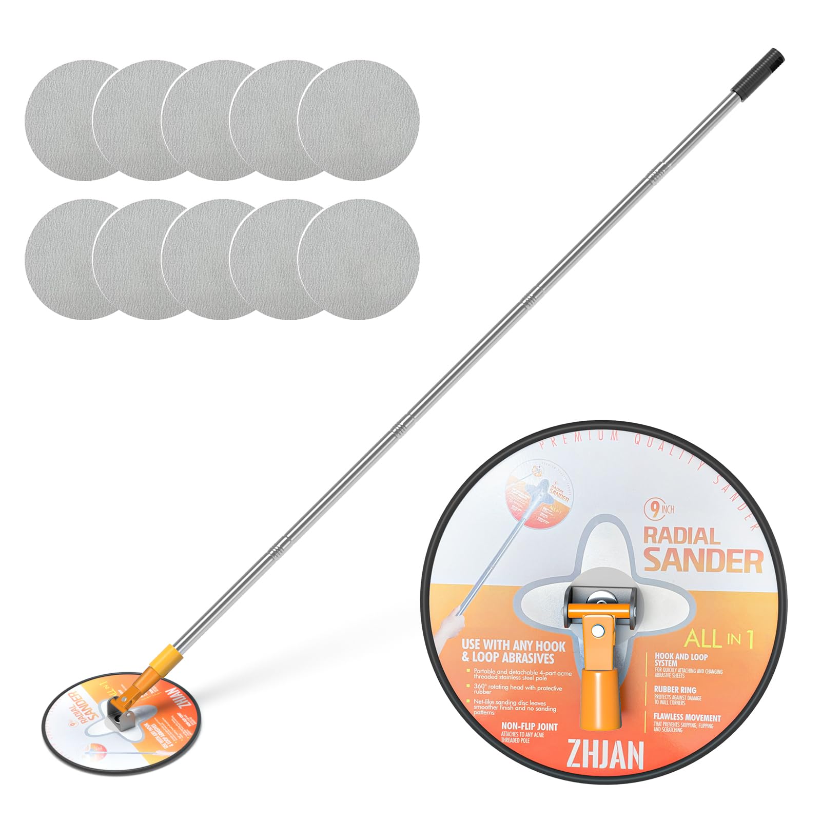 ZHJAN Drywall Pole Sander with Extension Pole, 360° Rotation Radial Round Wall Sander with 10 PCS Sanding Sheets (80/100/120/180/240Grit), Pole Sanding Tool for Painted Walls and Ceilings