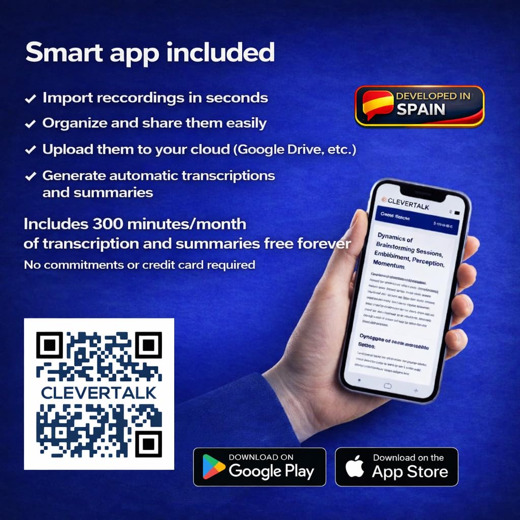 SmartRec Grabadora de Voz con IA | Activación por Voz y Protección con Contraseña | 128GB | App Móvil, Mac, Windows y Web | Cloud Europea GDPR | Audio HD 1536kbps | USB-C