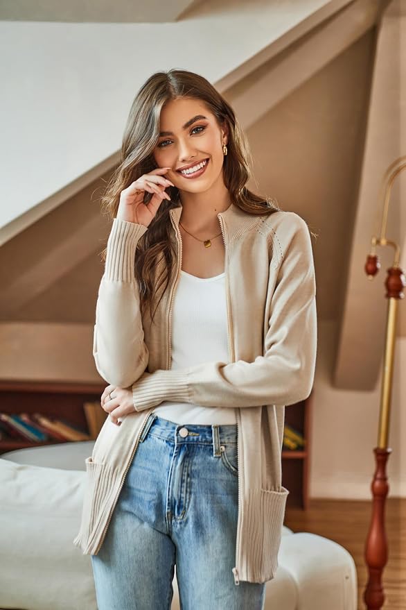 GRACE KARIN Cardigan long pour femme - Col montant - Fermeture éclair - Élastique - Avec poches, beige, L GRACE KARIN Cardigan long pour femme - Col montant - Fermeture éclair - Élastique - Avec poches, beige, L