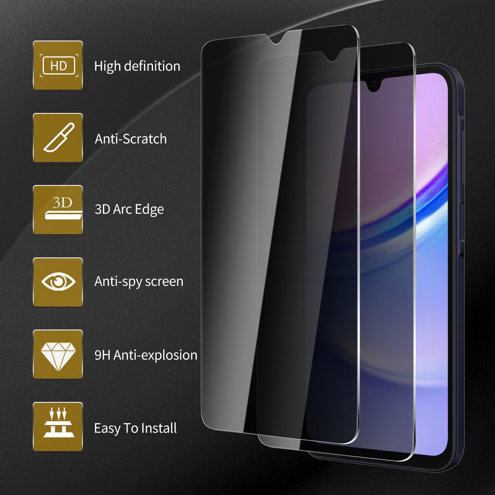 Paquete de 3 protectores de pantalla de privacidad para Samsung Galaxy A15, vidrio templado antiespía, dureza 9H, protector negro antiespía, sin burbujas, antiarañazos