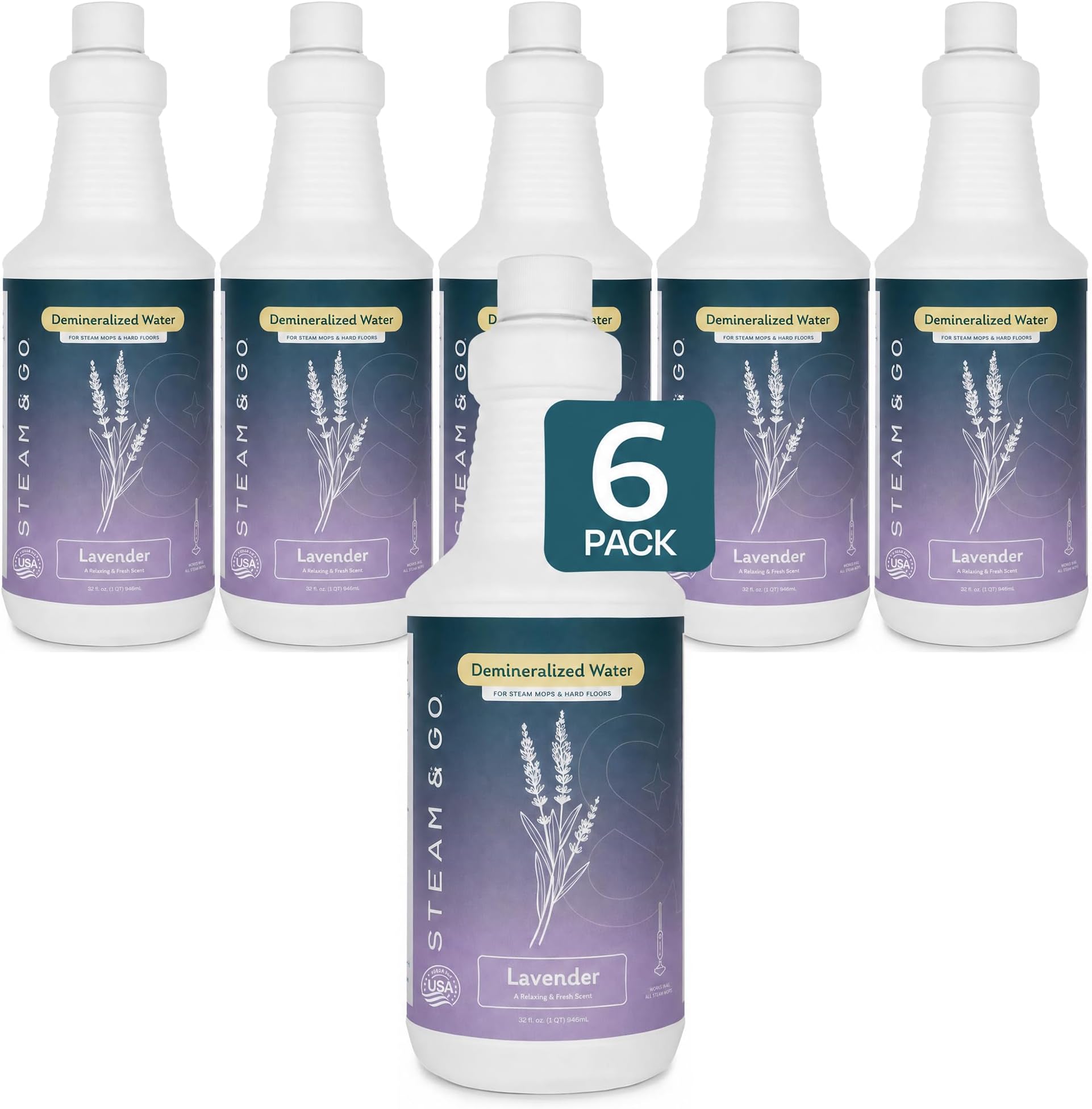 Steam & Go Demineralized Water for Steam Mop – Lavender Scent, 32 oz (Pack of 6) | Scented Floor Cleaner Solution, Ready-to-Use, Compatible with Any Steam Cleaner