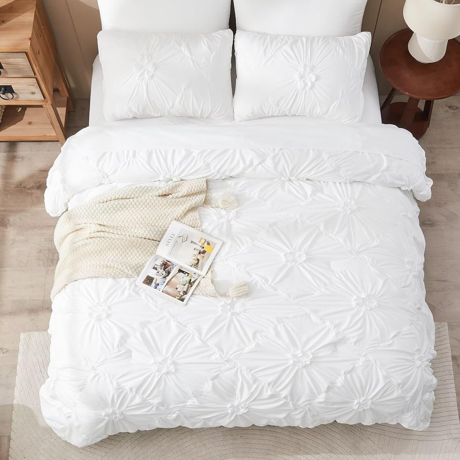 White Comforter Set Queen Size Bed in A Bag 7 Piece Pinch Pleat Bedding Set,Pintuck Ruched Flowers Bed Set with Comforter, Sheets, Pillowcases & Shams - Image 3