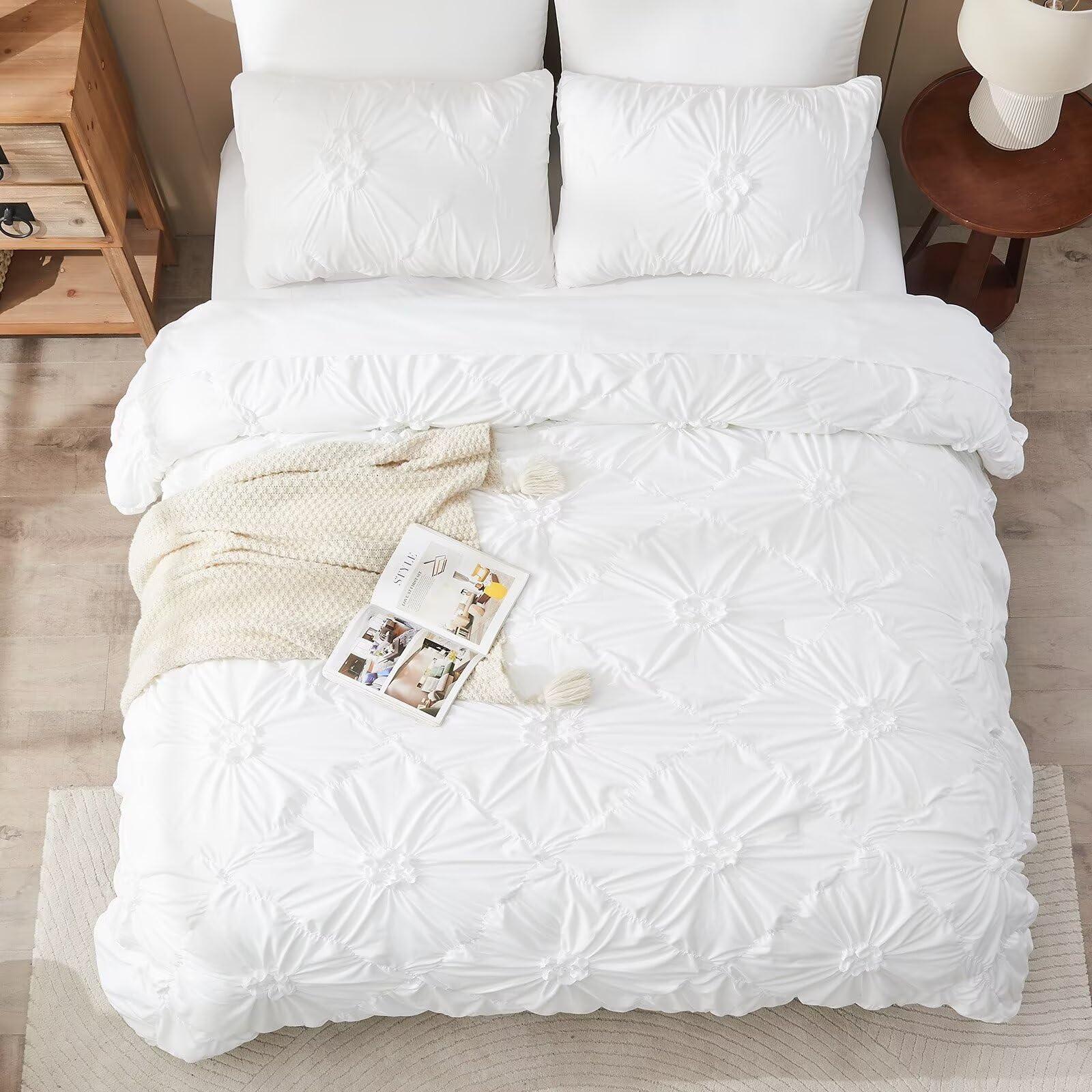 White Comforter Set Queen Size Bed in A Bag 7 Piece Pinch Pleat Bedding ...