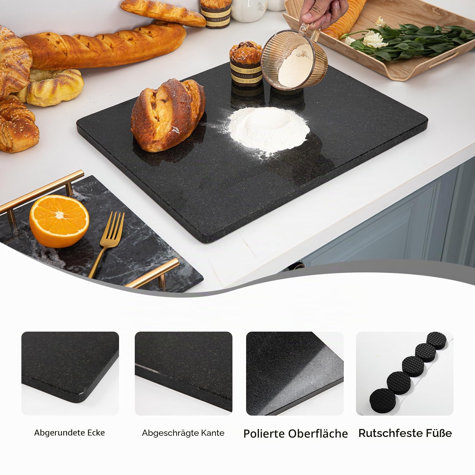 Lovdeco Schneidebrett aus Granit, für Küche, große schwarze Marmorplatte, Geschenk mit rutschfesten Füßen, 40,6 x 50,8 cm, 1 Stück