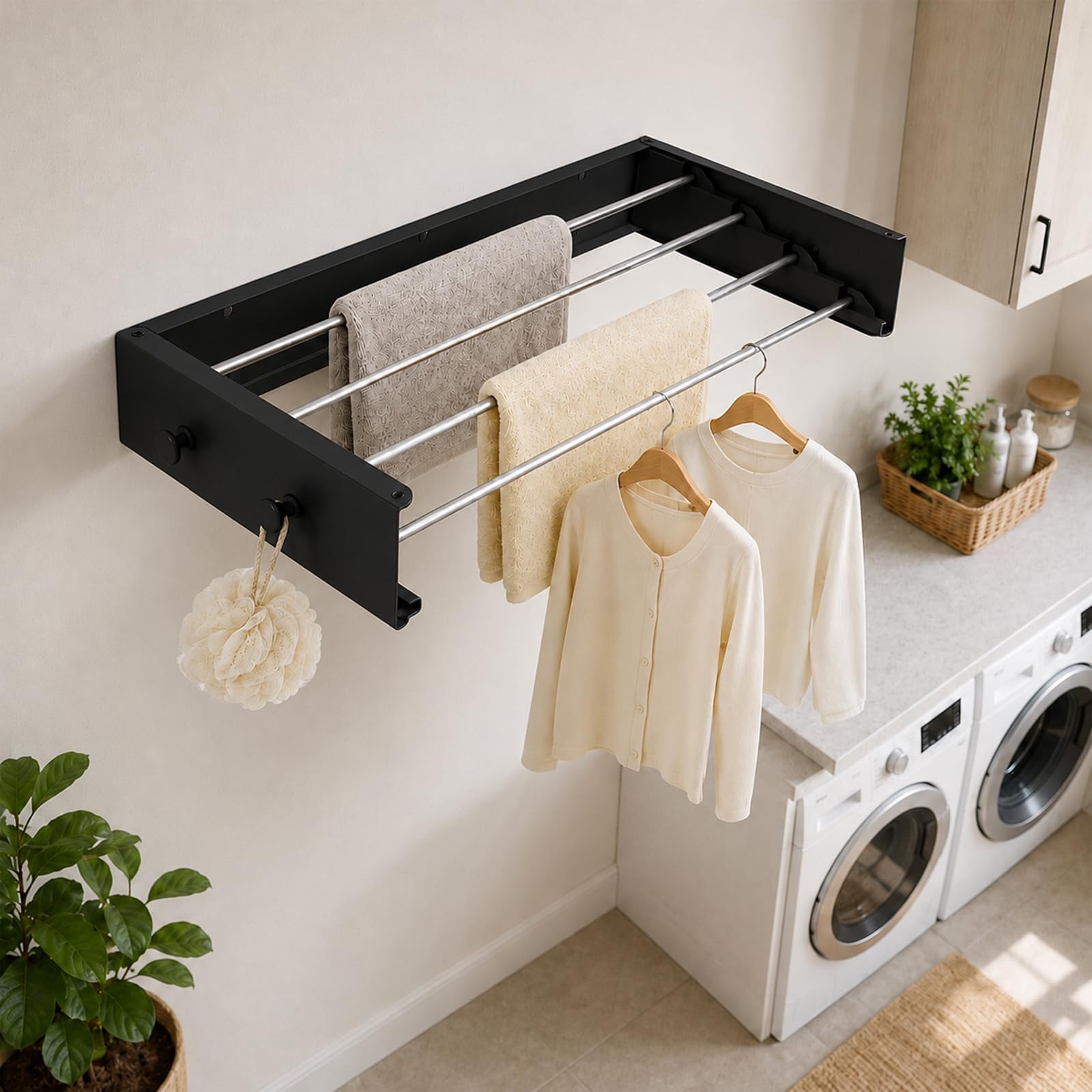 Stendibiancheria da parete, con gancio di aggiornamento, semplice stendibiancheria da parete, pieghevole, per interni o esterni, per balcone (60 cm con 4 ganci, nero)