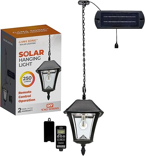 Gama Sonic Luz solar colgante para pérgola Trellis Gazebo, lámpara solar para exteriores, resina negra, bombilla Baytown II, cadena decorativa de 5