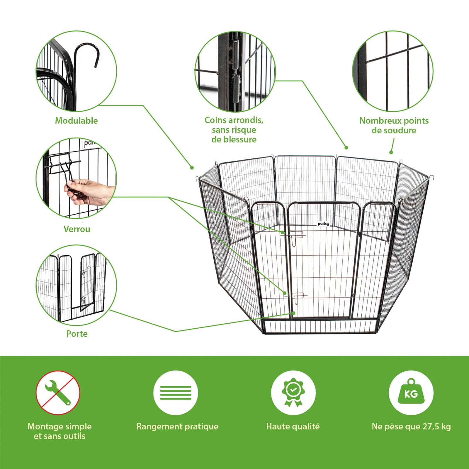 Parc Enclos pour Chien Chiot et Lapin GARDEO100x120x8, 8 Panneaux 100x120cm, 4M2, modulable, intérieur et extérieur, Pliable, Garantie 5 Ans