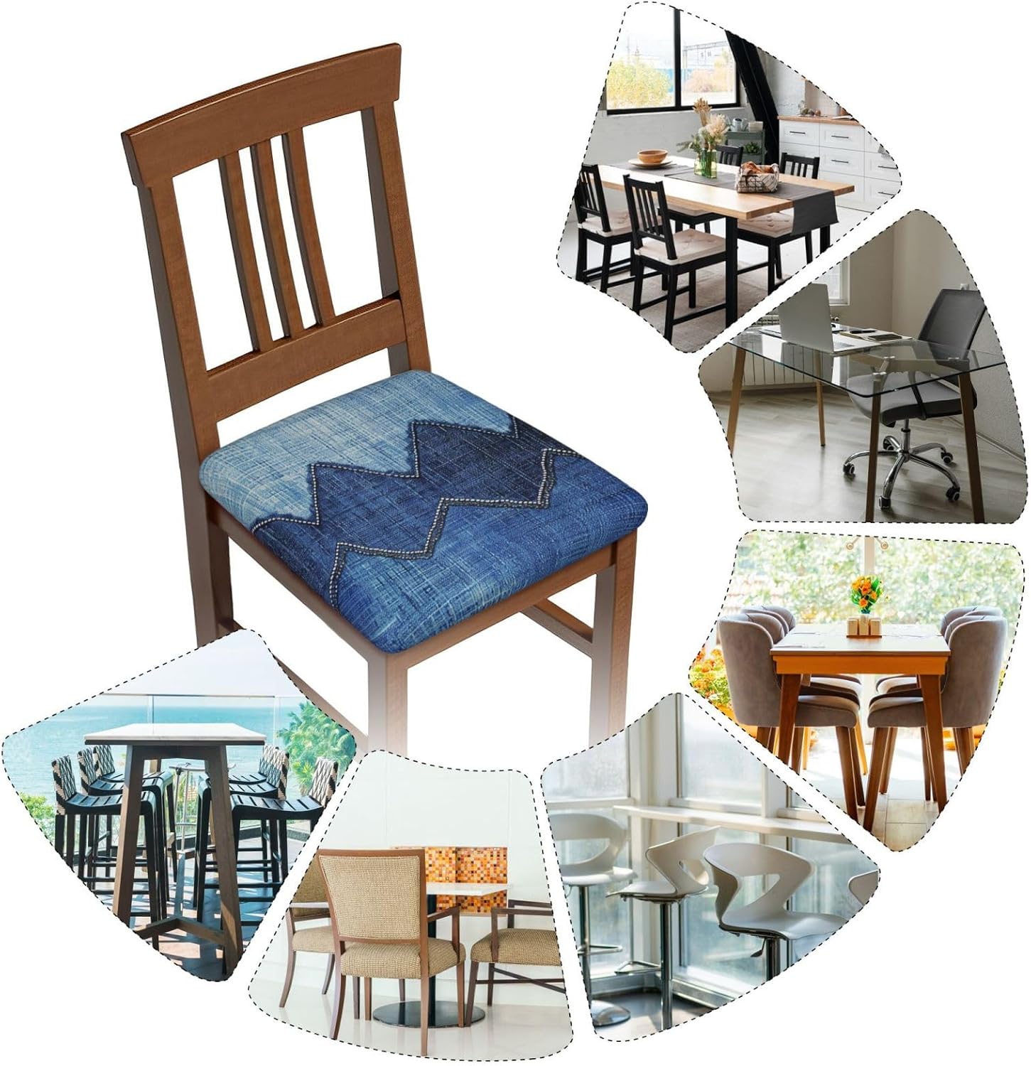 Gradient Blue Denim Print Square Cushion Covers 6 Pcs Set Elastic Non-Slip Seat Cushion Slipcovers Pet Furniture Protectors for Chair, Sofa