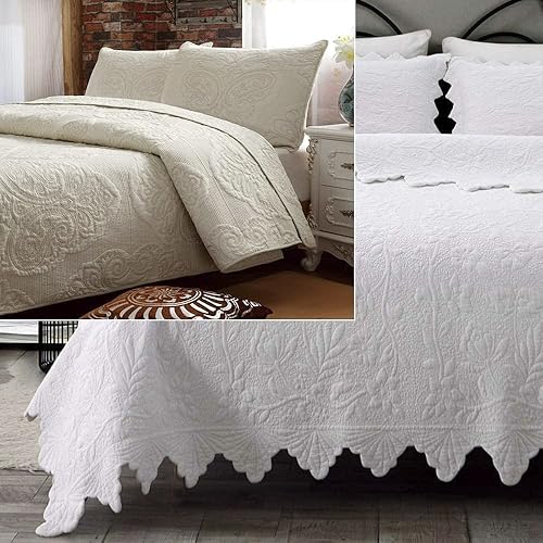 Brandream Juego de edredón blanco de 6 piezas, tamaño King, juego de edredón de algodón para casa de campo, colcha acolchada vintage