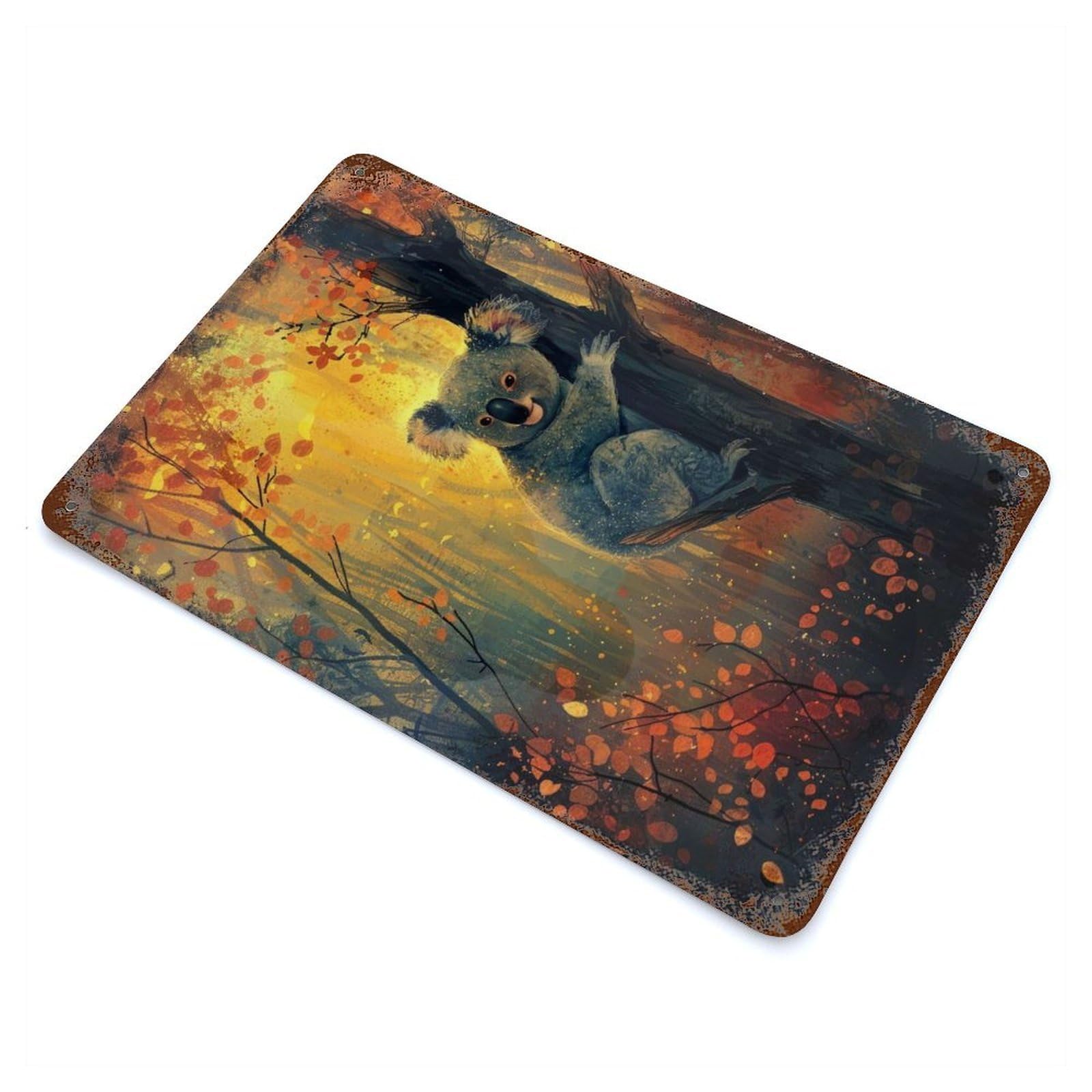 Aged Metal Wall Plaque with Cozy Koala Design 11.8"x7.9", for Basement, Hobby Room And Garage Decor, Classic Wall Plaque