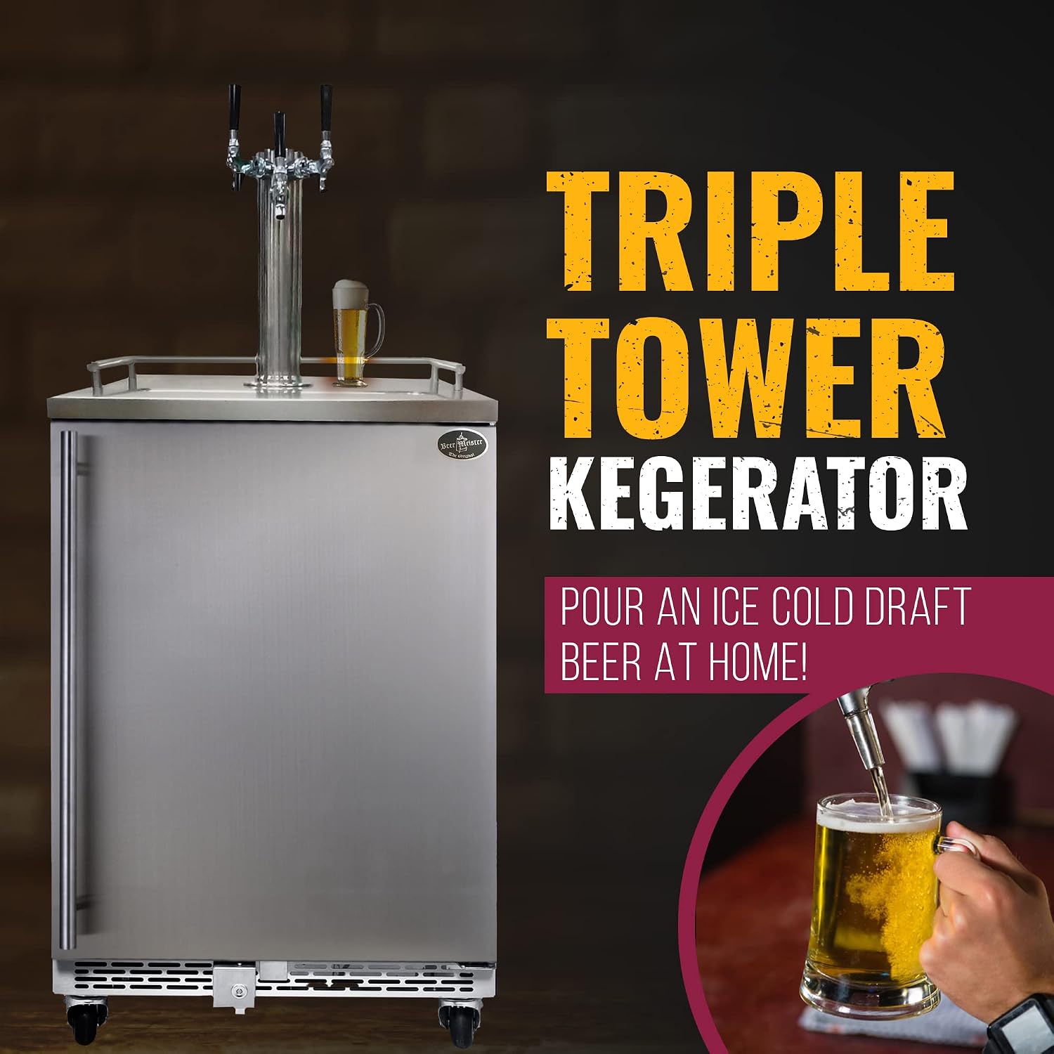 Beer Meister - Beer Kegerator Premium Series, Draft Beer Dispenser For Home Bar, Beer, Wine, & Bar Soda Dispenser System, Triple Tower w/Stainless Door, 24.88 x 23.88 x 39.25 inches