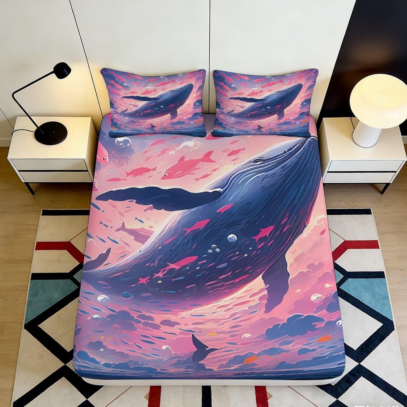 3D Printed Ocean Whale Fitted Sheet Microfiber Soft Artistic Sunset Mattress Cover Bedroom Decor 90x200x25cm
