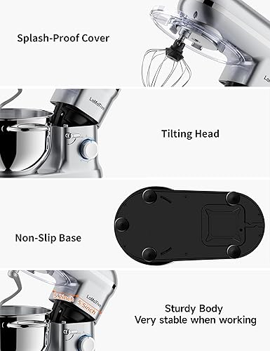 Miniatura 6 de Batidora de Pie 6QT Mezcladora de Masa - Mezcladora de Masa de 660W Mezcladora Eléctrica de 6 Velocidades con Batidor de Huevos Gancho para Masa
