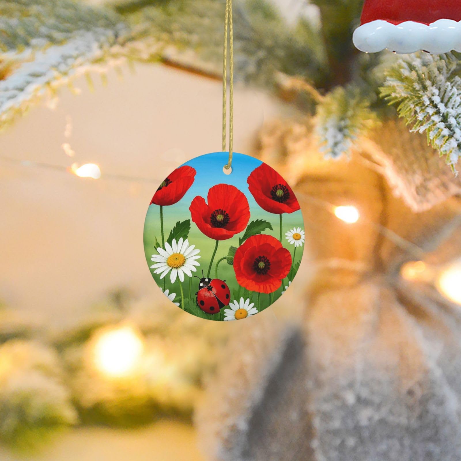 Christmas Ornaments for Christmas Tree Decoration Ceramic Hanging Chamomile Ladybug and Daisy Ornament with Gold Ribbon Crafts Round Pendant for Keepsake Gifts Glass Xmas Decor Party Supplies