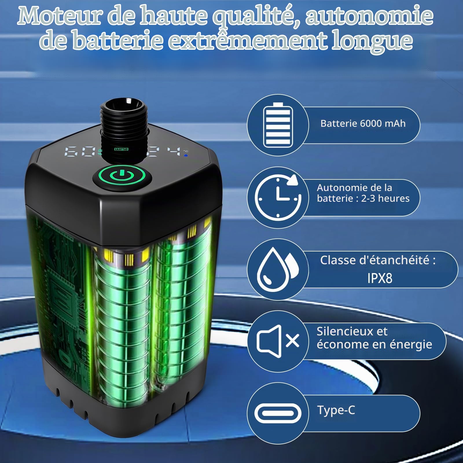 Douche de camping portable avec pompe, 6000 mAh, douche de camping avec fonction chauffante | Seau pliable de 20 l avec indicateur de température pour extérieur, voyage, jardin, lavage de voiture