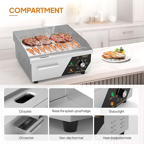 Miniatura 4 de Bonnlo Plancha eléctrica comercial de 14 pulgadas y 1500 W con encimera antiadherente, control de temperatura ajustable de 122-572  de parrilla
