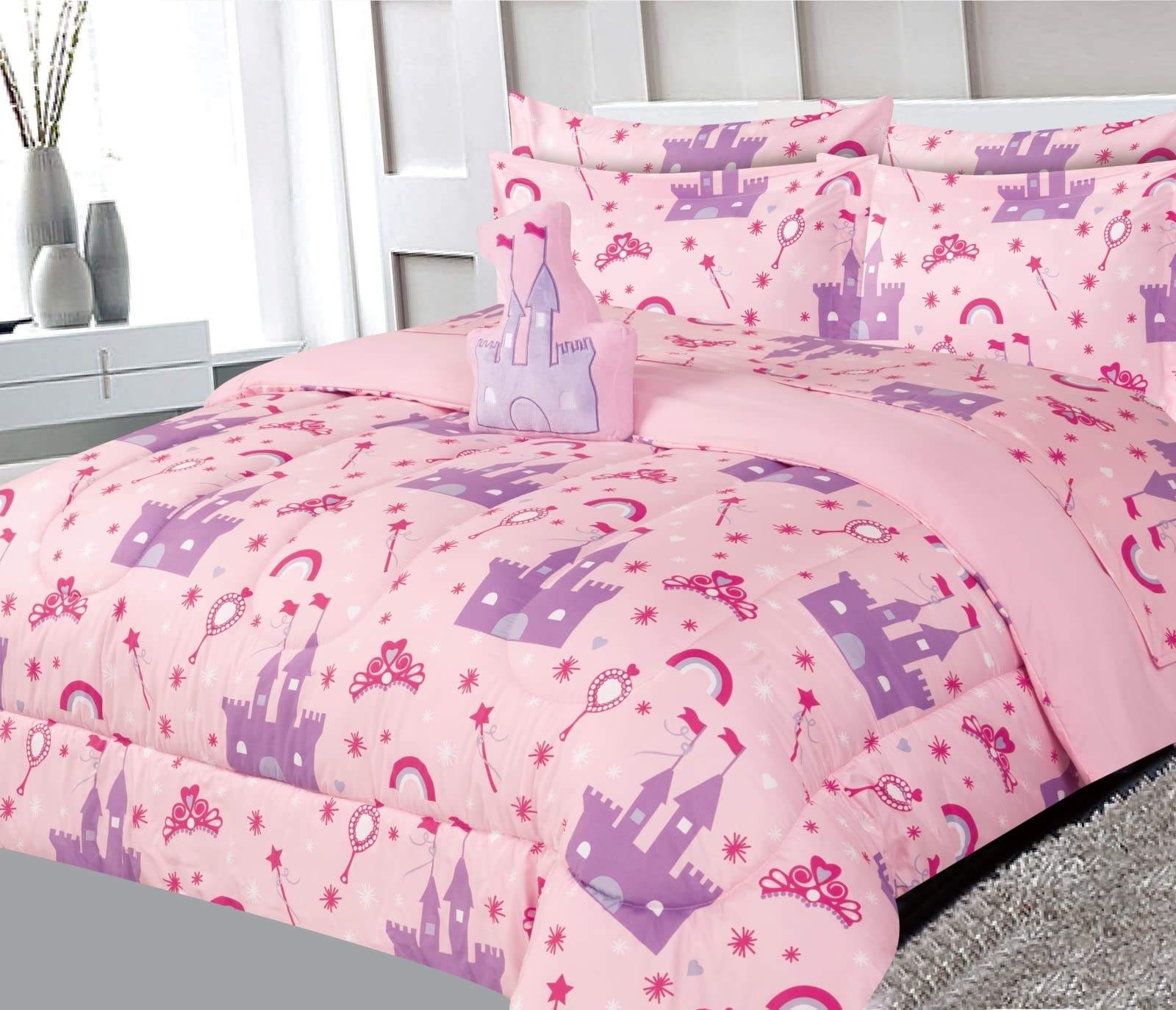 Gorgeous Home Linen Kids Comforter Reversible Complete Bedding Set Girls Boys Toodler Patterned Twin Full Comforter Sheets Set Pillow Sham and Decorative PillowSham (Princess Palace Castle, Twin)