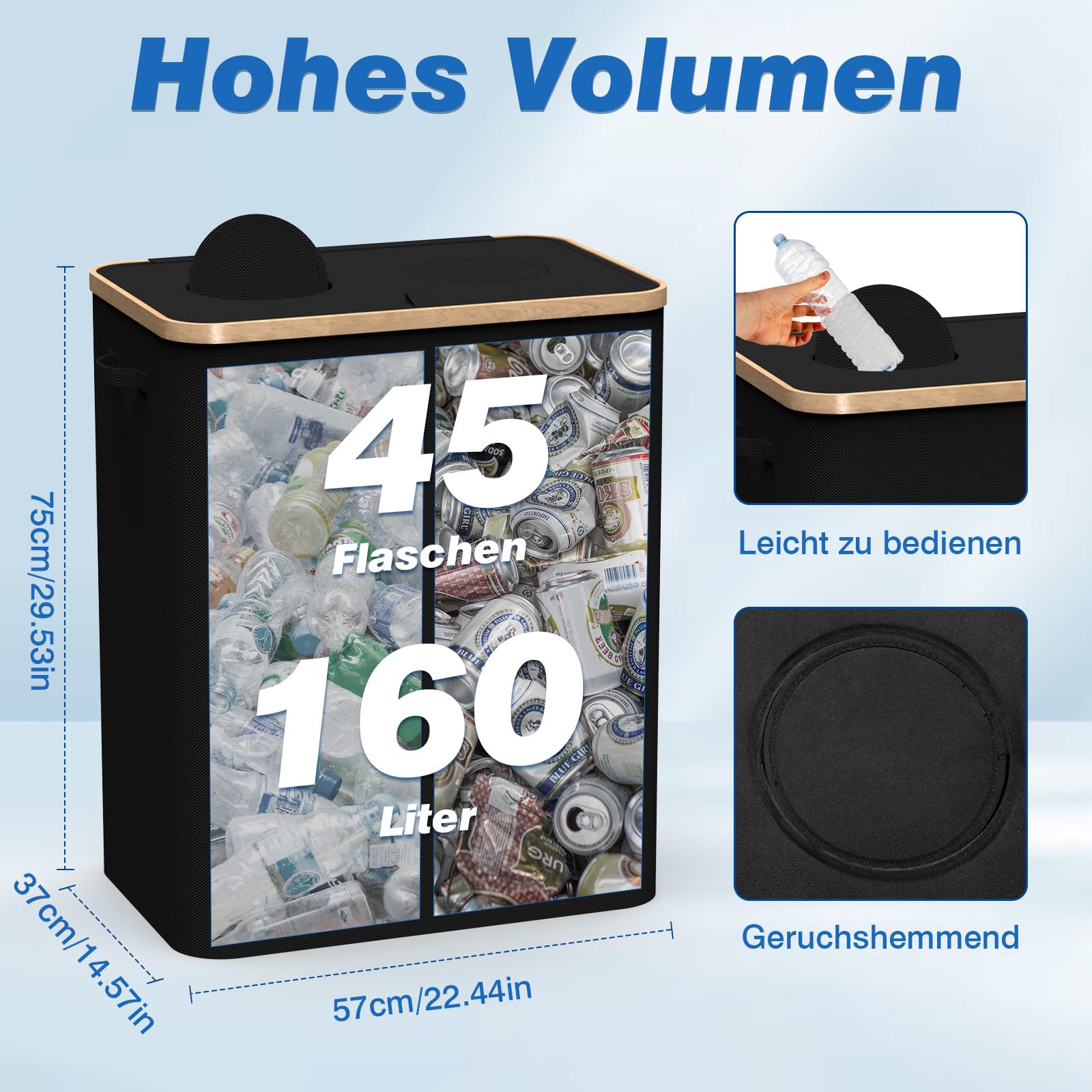 Verzamelcontainer, statiegeldfleshouder, 160 liter, flessenverzamelaar, geïntegreerde draagtas, geschikt voor 45-75 lege flessen, wasmand, houten wasmand