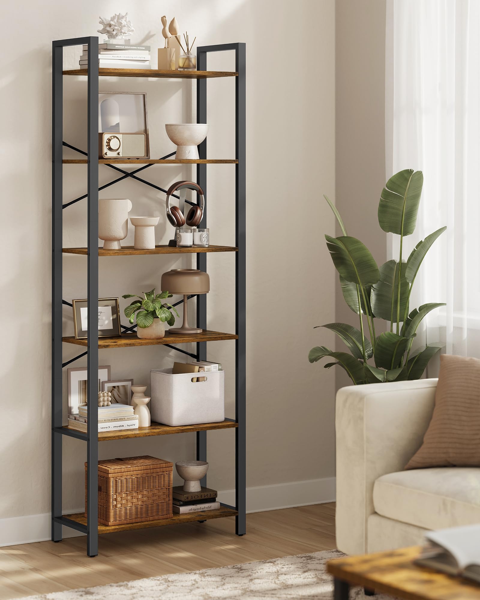 VASAGLE Libreria Alta a 6 Ripiani, Scaffale Portaoggetti, Struttura in Acciaio, Salotto Camera da Letto Studio, 30 x 66 x 186 cm, Industriale, Marrone Vintage e Nero Inchiostro LLS062B01