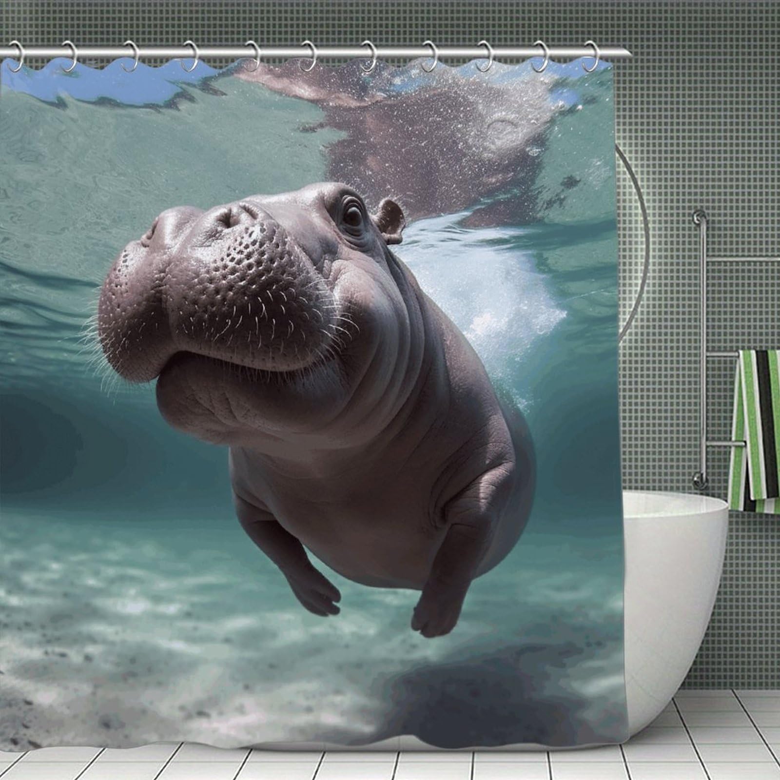 VstaDank Diving Hippo Bath Curtain Elegant Heavy Duty Shower Curtains 70x70 in Rustic Farmhouse Cloth Shower Curtains Neutral Modern Bath Curtain for Bathroom