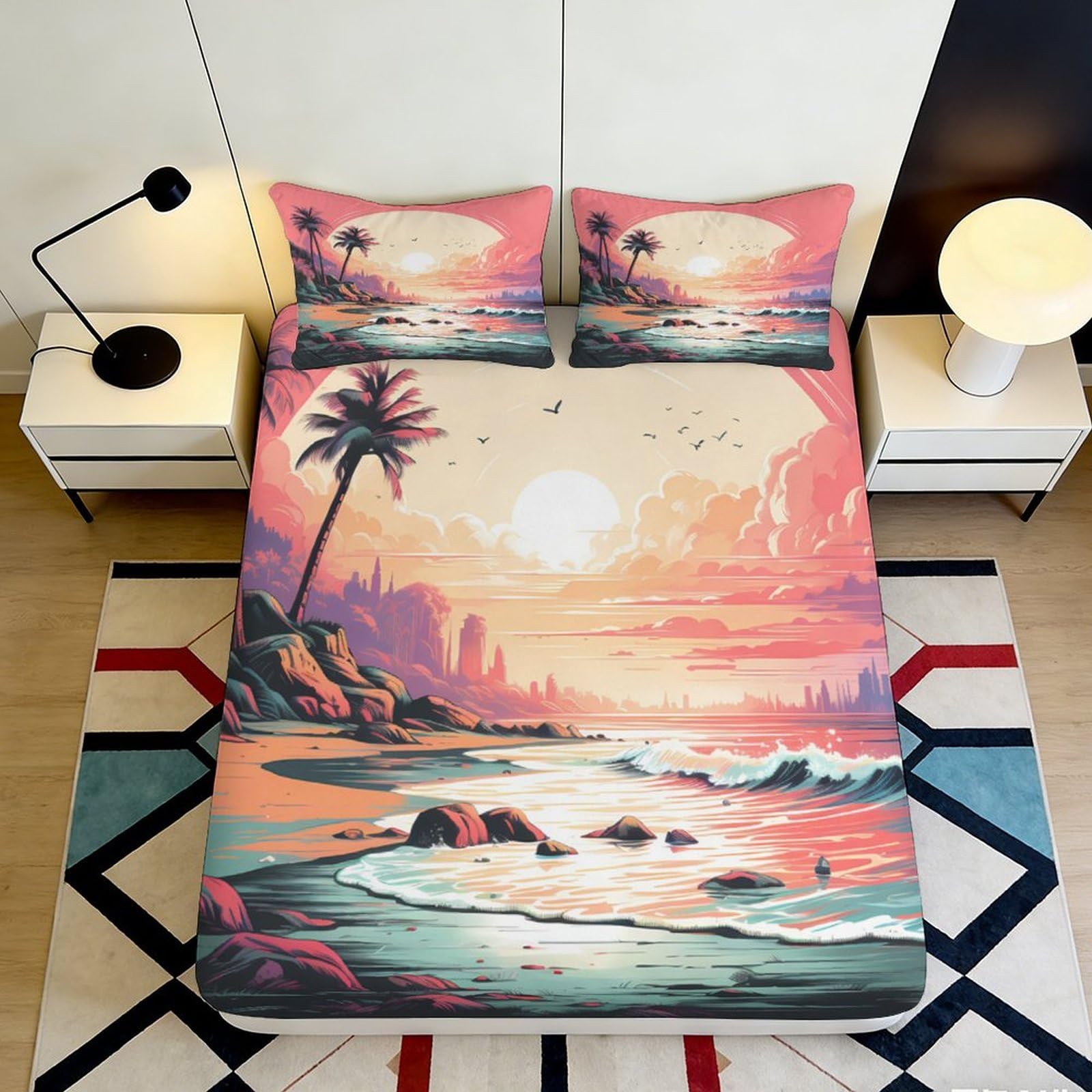 Jqzkxnhpbr Style-6 3D Printed Sunset Beach Fitted Sheet Microfiber Soft Breathable Palm Coast Mattress Cover For Bedroom Guest Room Decor 90X200x25cm