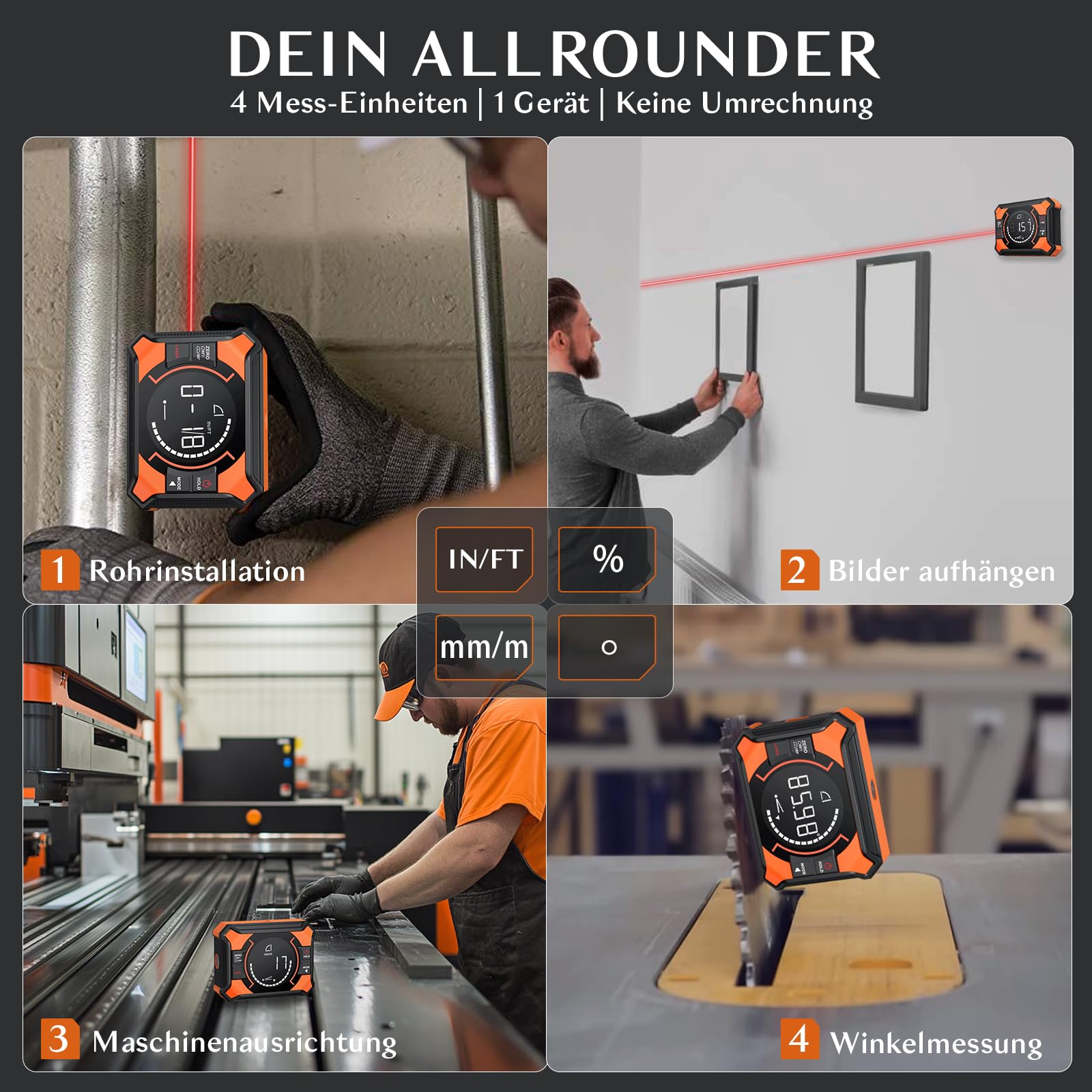 3 IN 1 Digitaler Winkelmesser, Laser Wasserwaage Neigungsmesser mit Magnet Aufladbar Winkelmessgerät 0-90° & 0-180°, Wasserwaage 10m Kreuzlinien Laser für Rohr- Holzarbeitung Hängerahmen Sägen