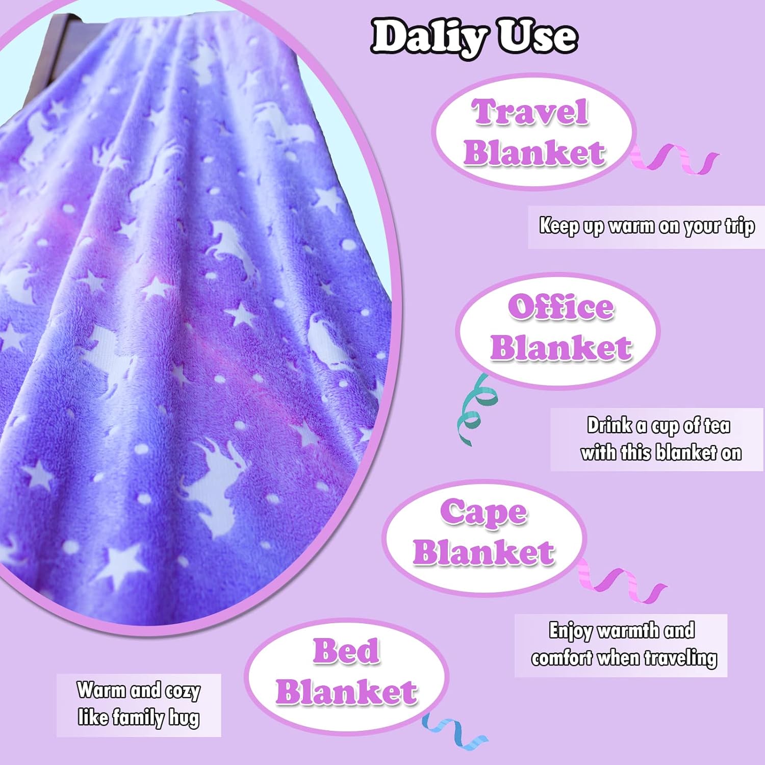 Unicorn Throw Blankets Glow in The Dark Soft Throw Blanket for Girls Boys with Storage Bag, Gifts for Holiday Birthday, Kids Blanket, Day Care Home Travel Use, 50"x60" Purple - Image 5