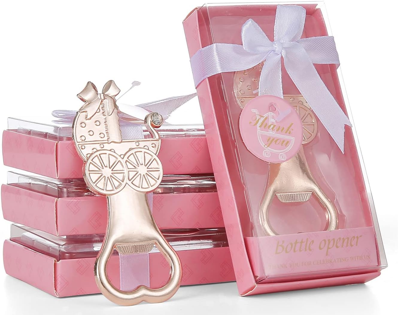 12pcs Bottle Openers for Baby Shower Favors, Bridal Baby Shower Decorations Souvenirs, Poppin Bottles Openers with Exquisite Gifts Box Used for Baby Party (Pink-Baby Carriage, 12)
