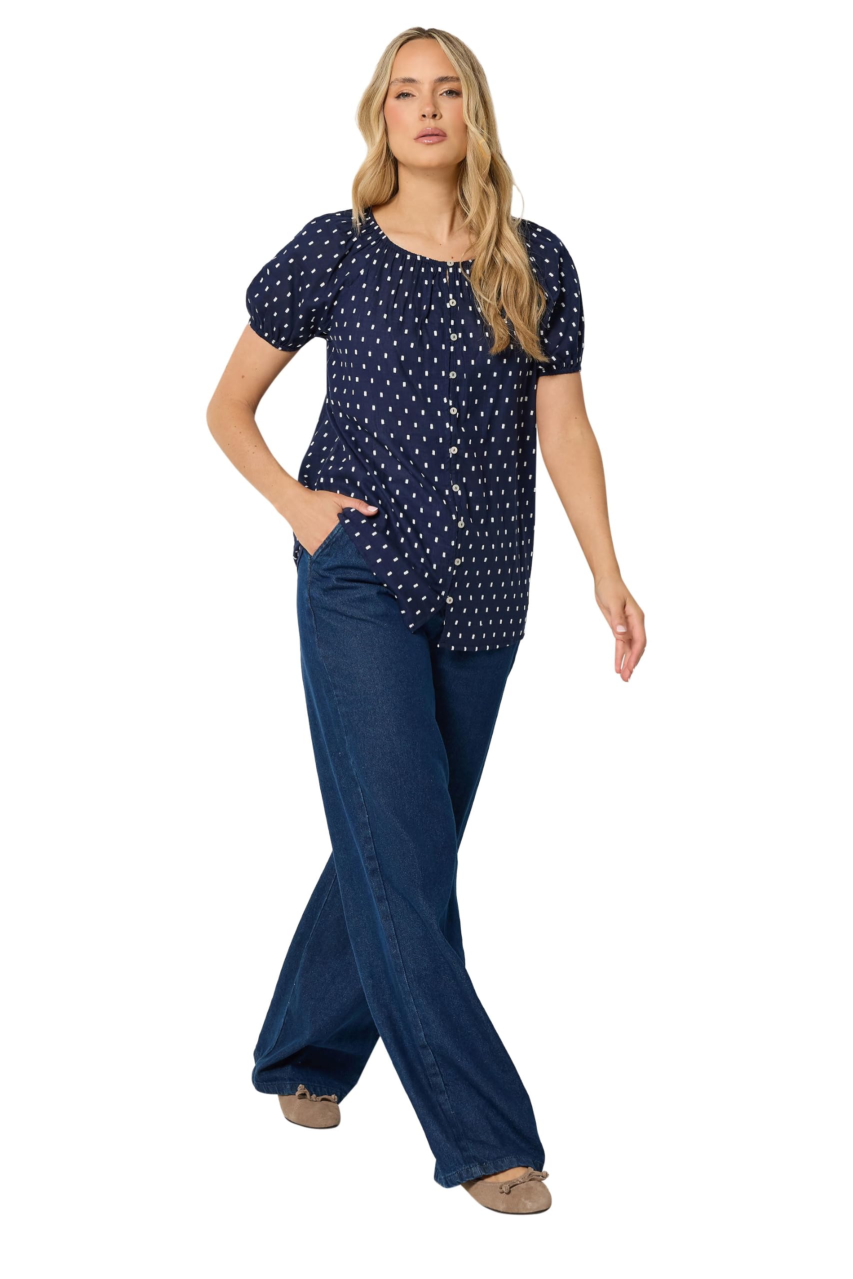 Long Tall Sally Women's Dark Navy Tall Polka Dot Dobby Top In | Size: 16