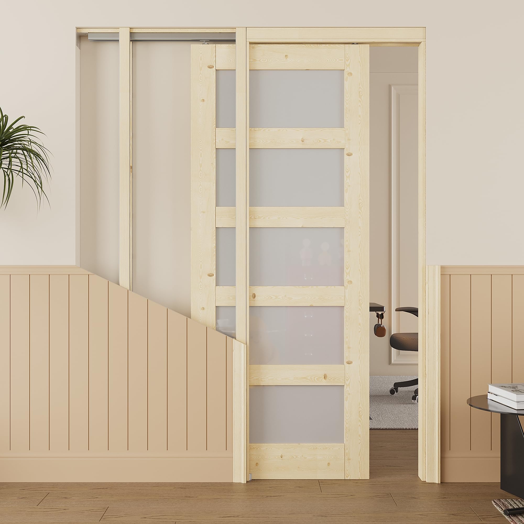 32x80 Sliding Pocket Door,5 Lite Pine Frosted Glass Doors,Hidden Doors