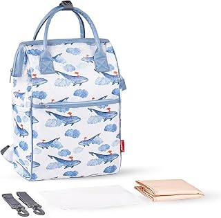 SONARIN Große Kapazität Stilvolle Baby Wickelrucksack Wickeltasche,Multifunktionale Wasserdichte Babytasche Reise Wickeltasche Rucksack mit Wickelunterlage & Kinderwagen Haken(Walfisch)