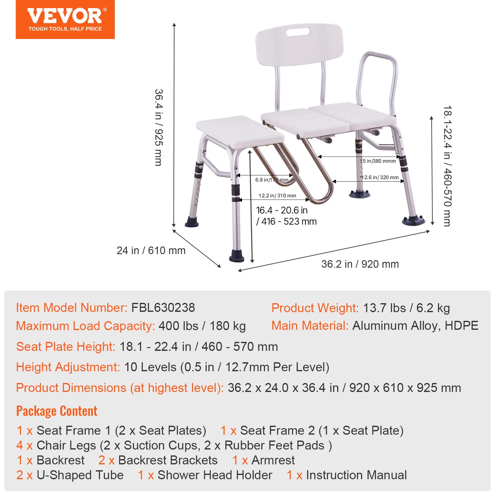 VEVOR Banco de Transferencia para Bañera Altura Ajustable con Protector de Cortina en Forma de U Respaldo Reversible Asiento de Ducha Antideslizante para Personas Mayores Discapacitadas y Lesionadas