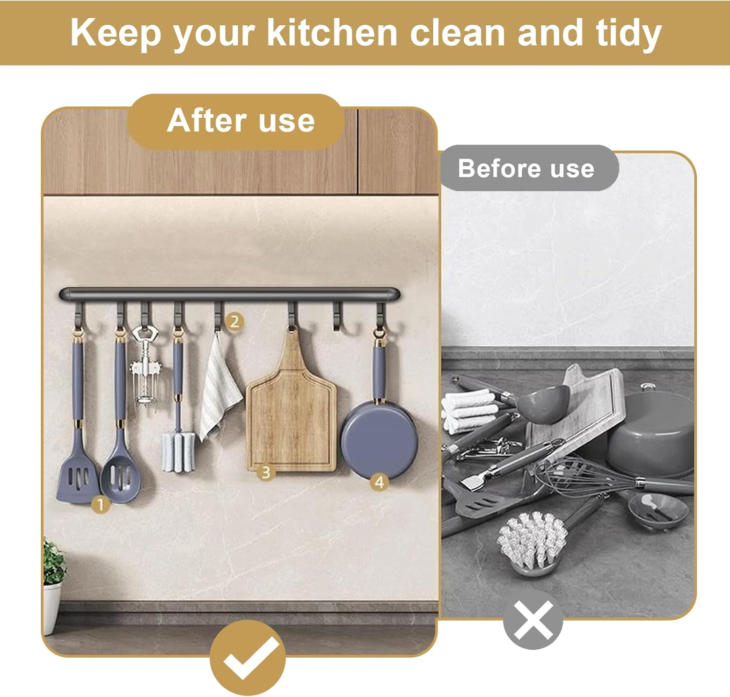 Kitchen Rail with Hooks, Utensils Rack with Sliding Hooks Wall Mounted, Utensil Holder for Pans, Spoons, and Shovels, Self Adhesive (40cm)