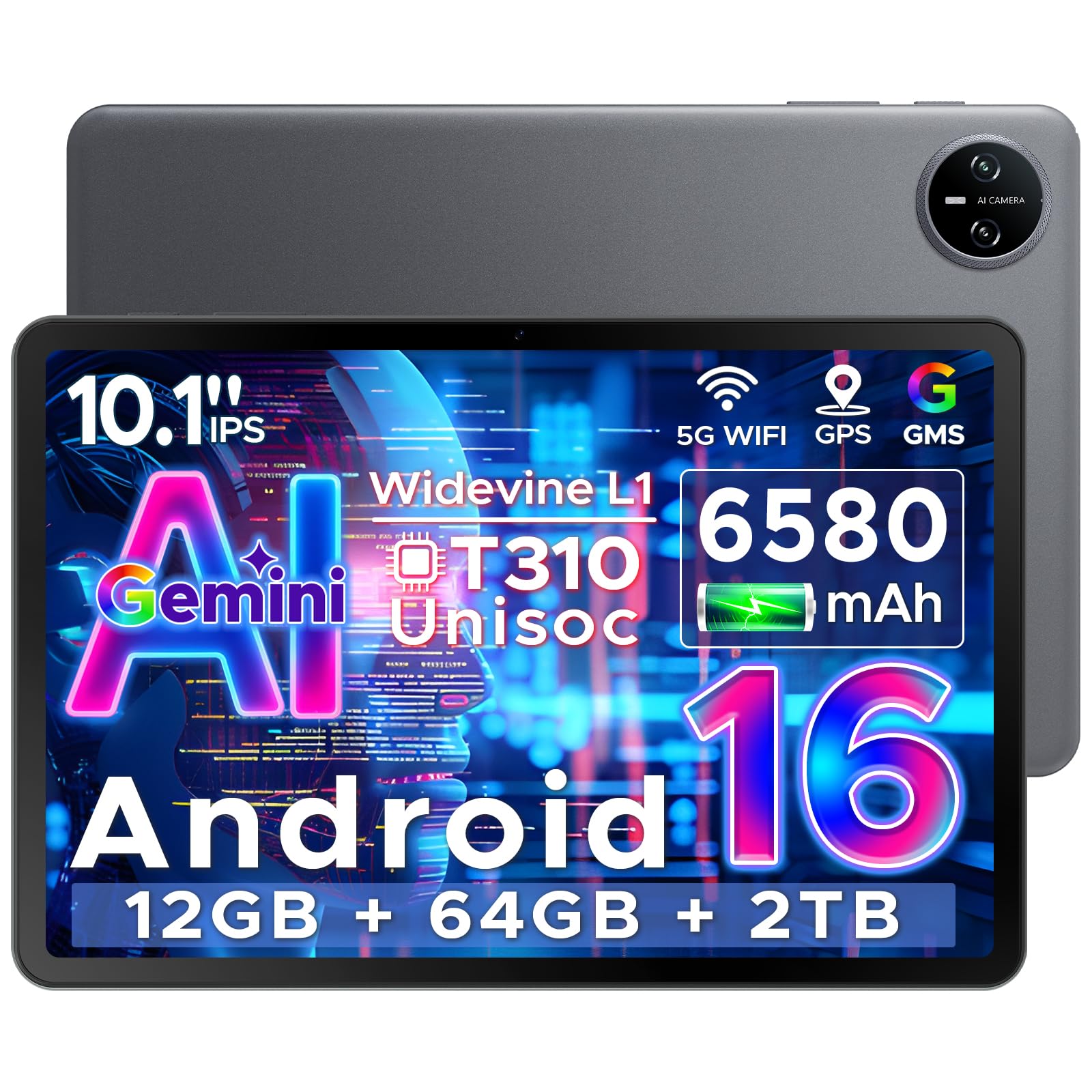 DOOGEE Tab A9 Android 16 Tablet 10 Pollici, Gemini AI Tablet in Offerta Gaming, 12GB RAM + 64GB ROM (TF 2TB), 6580mAh Batteria, 5G WiFi, 1280 * 800 IPS, 5MP+8MP, Unisoc T310 Quad Core/OTG/Face Unlock