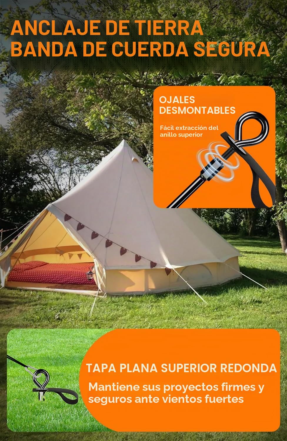 Juego de 4 anclajes para suelo, para tienda de campaña con correas, anclajes de tierra para atornillar | Para asegurar trampolines, tiendas de campaña, marquesinas, cobertizos, caravanas, etc