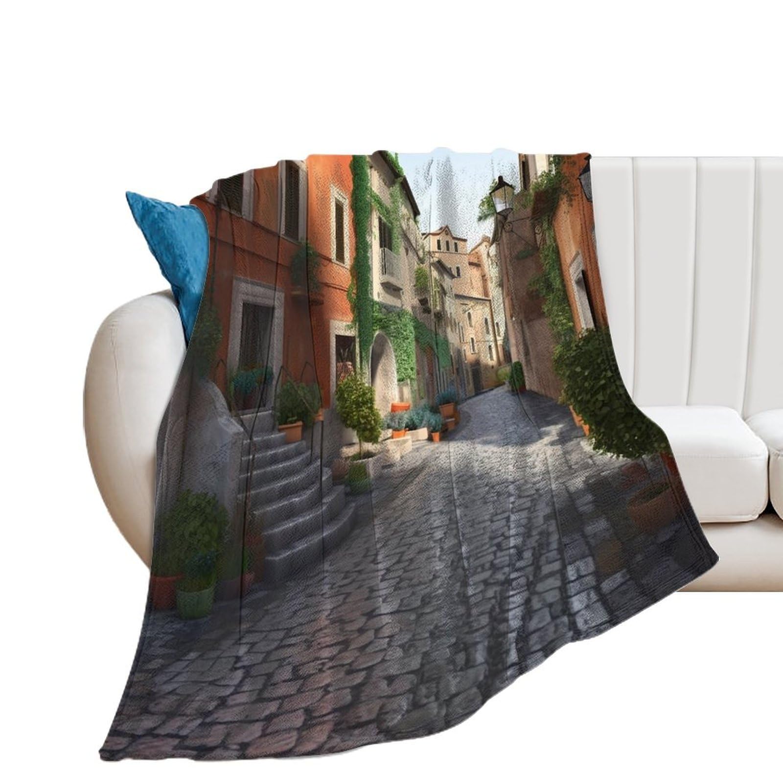 Couverture douce motif rue d'Italie pour lit et canapé toutes saisons