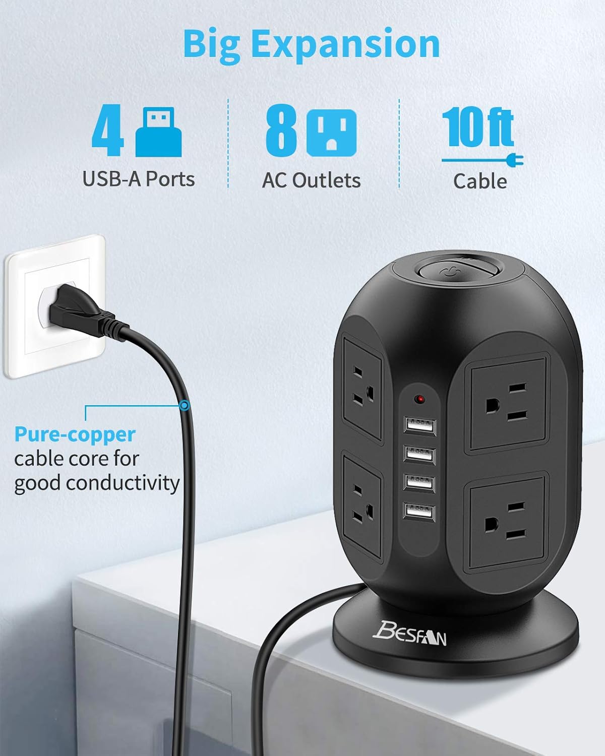 USB Power Strip Tower - BESFAN Surge Protector Black Extension Cord 10 FT with 8 AC Outlets and 4 USB Ports, Surge Protector Tower with 2 Switches, USB Charging Station with Overload Protection : Everything Else