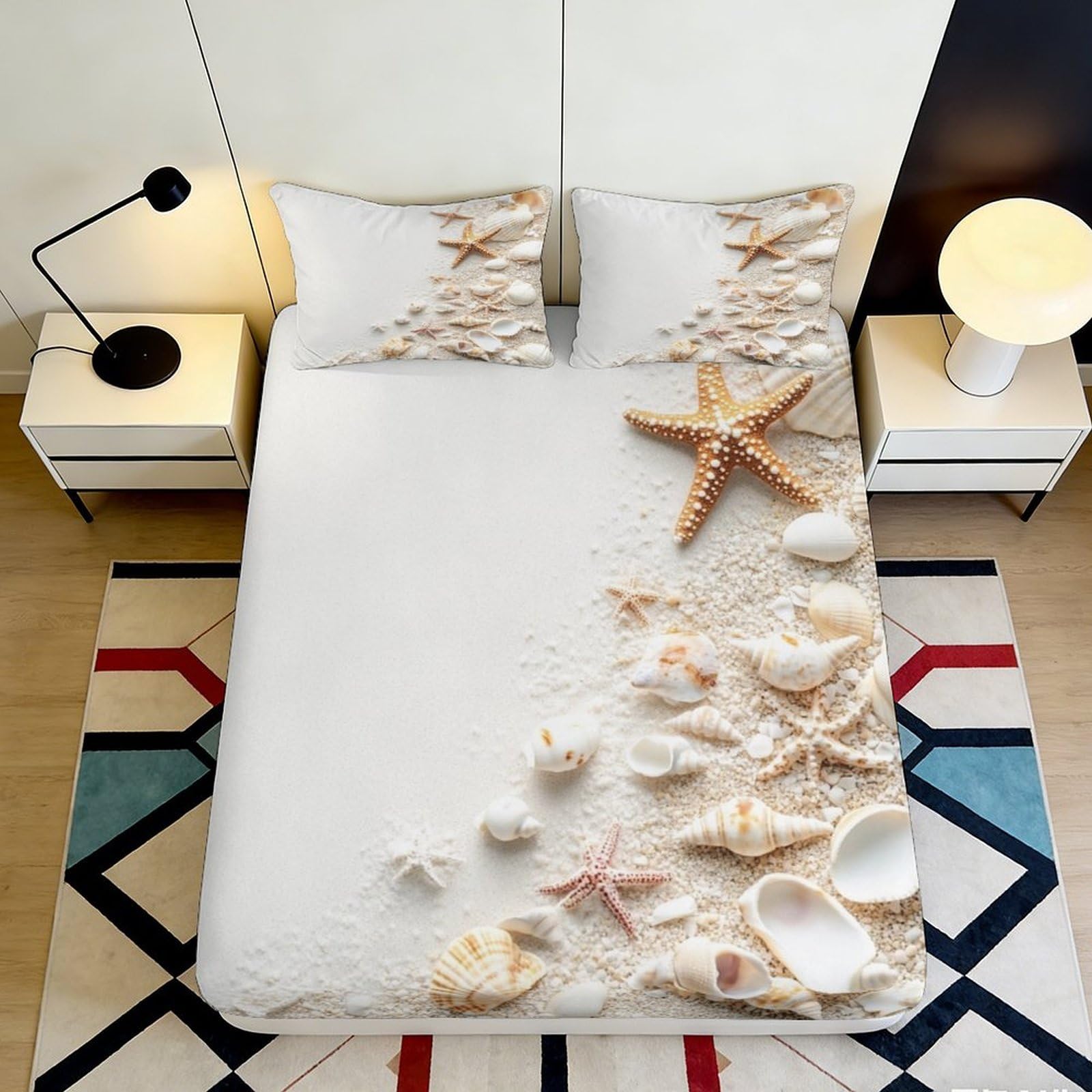 3D Printed Seashell Fitted Sheet Microfiber Soft Breathable Starfish Bed Cover for Bedroom Dormitory Guest Room Mattress Protection Decor 160x200x25cm